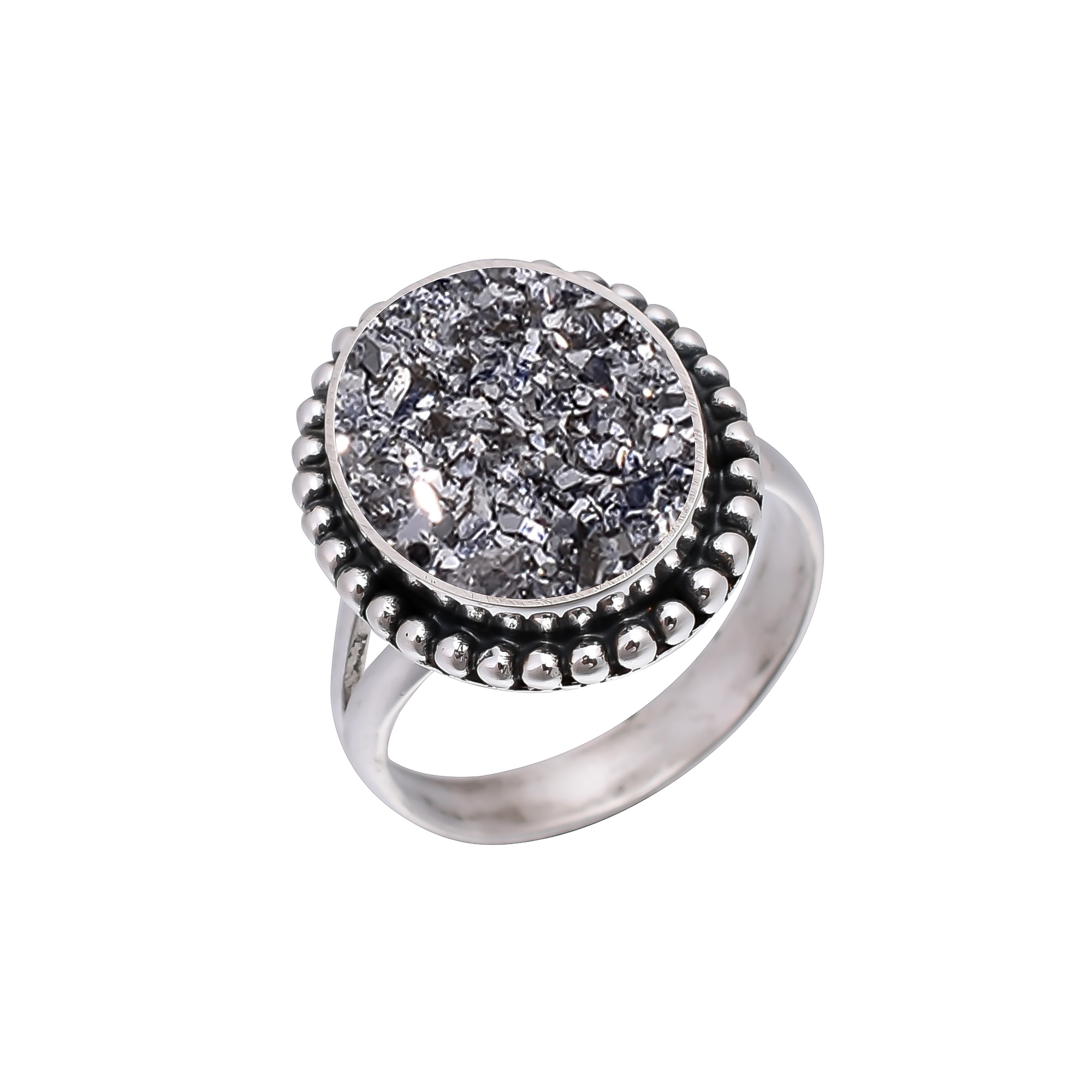 Silver Titanium Agate Drusy 925 Sterling Silver Ring