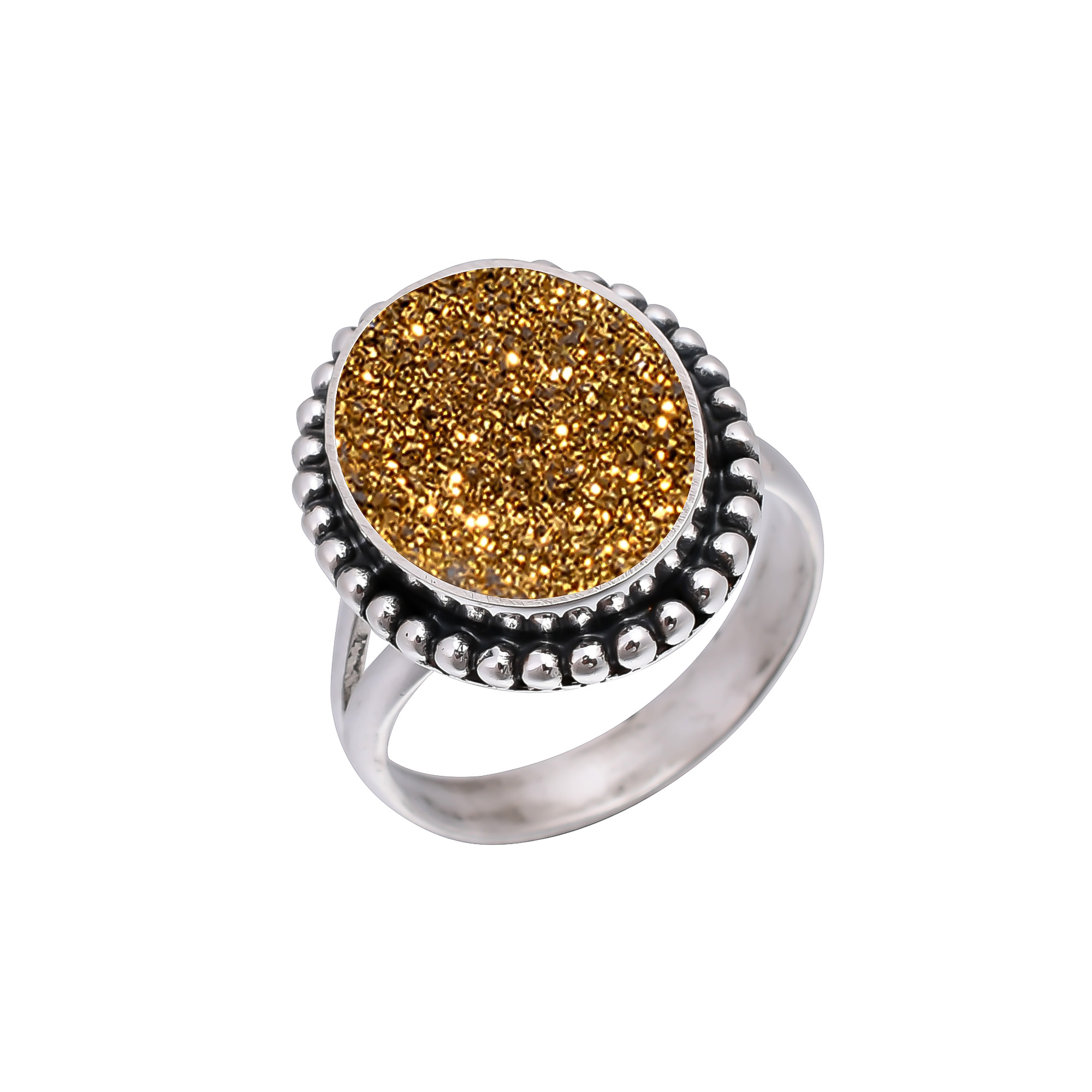 Golden Titanium Agate Drusy 925 Sterling Silver Ring