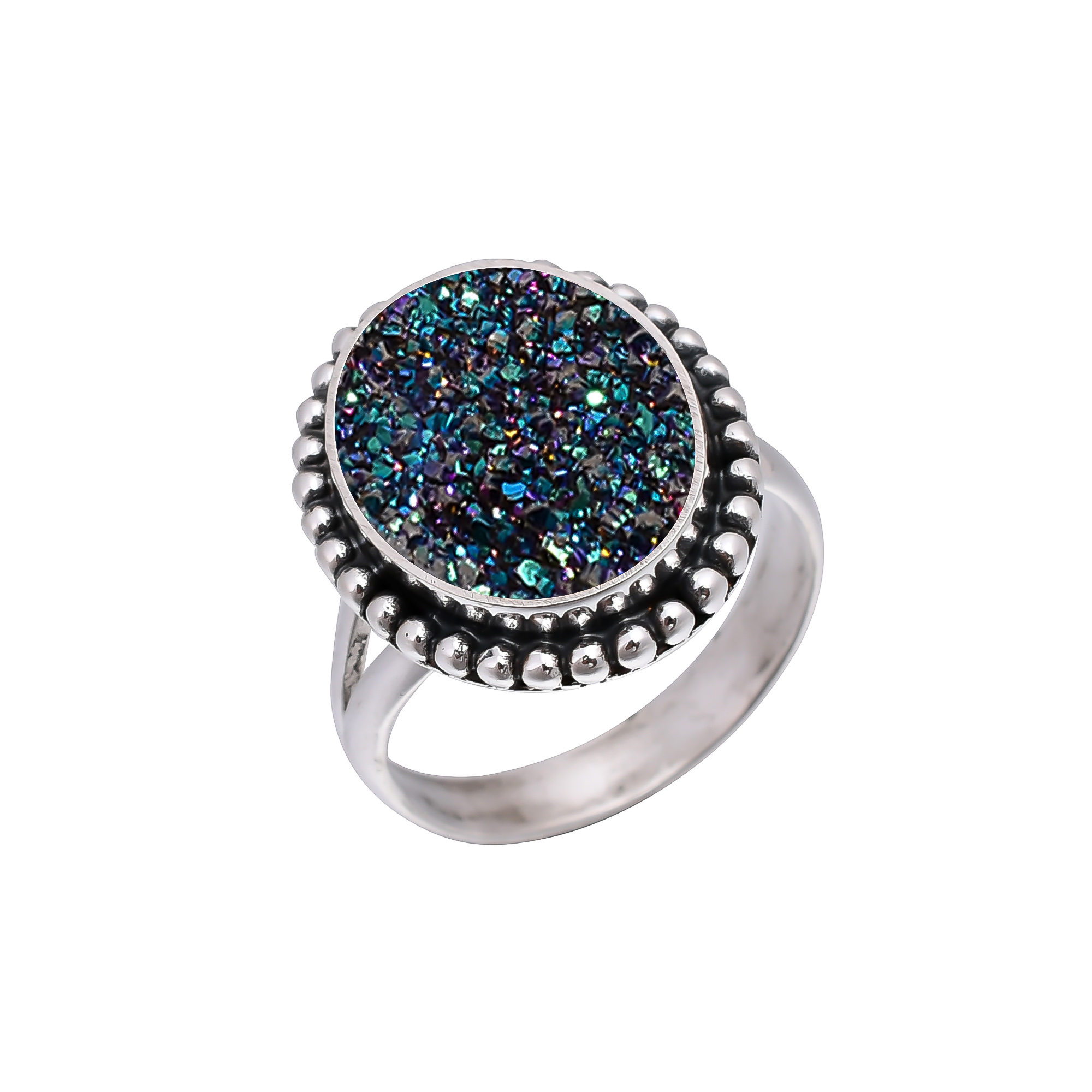 Electric Blue Titanium Agate Drusy 925 Sterling Silver Ring