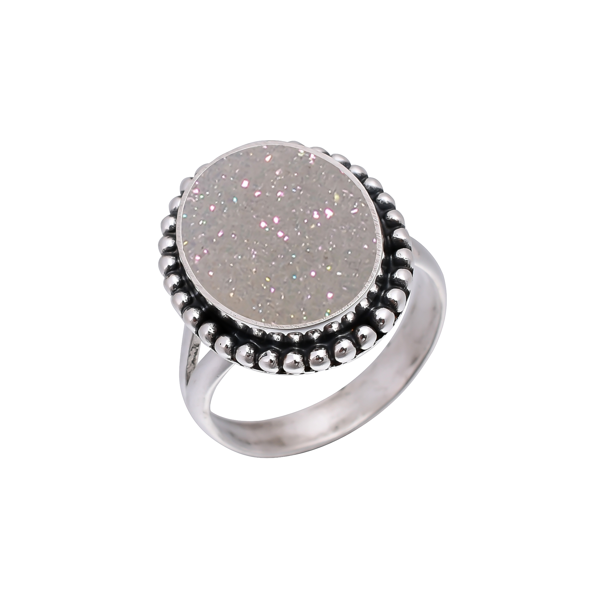 Snow White Titanium Agate Drusy 925 Sterling Silver Ring