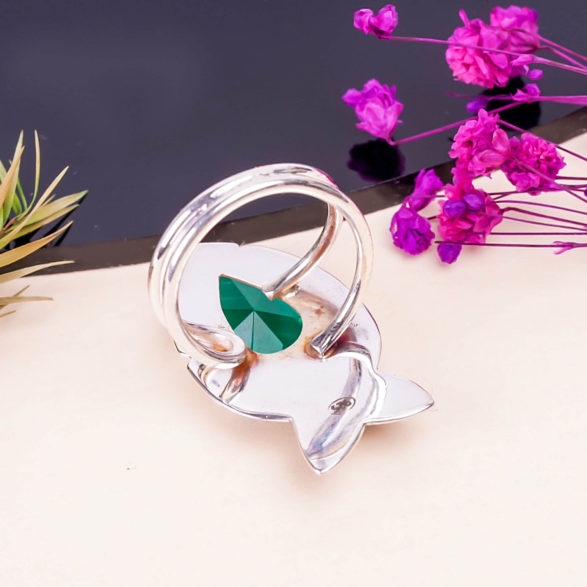 Emerald Simulated Gemstone 925 Sterling Silver Ring