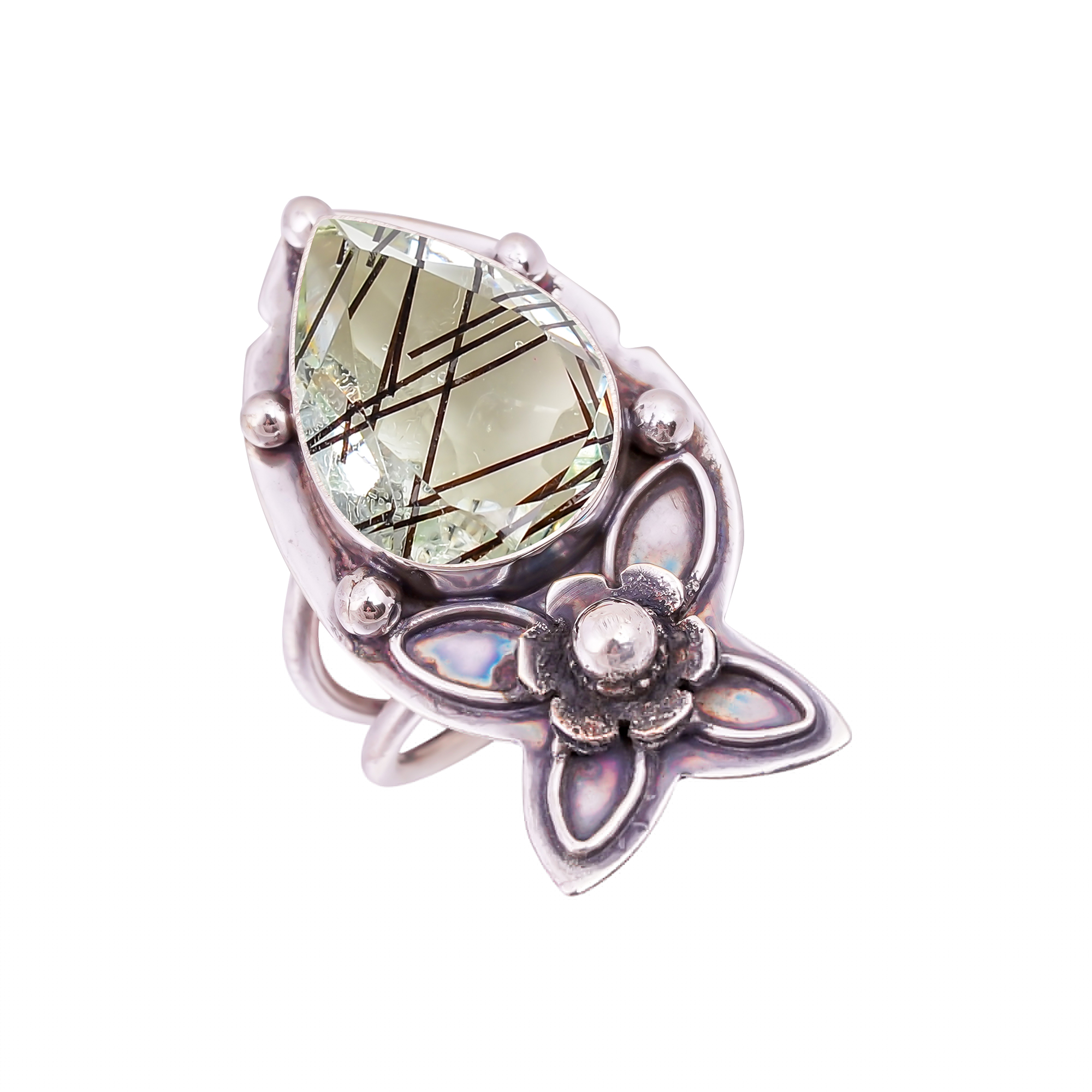 Black Rutilated Quartz - Simulated Gemstone 925 Sterling Silver Ring