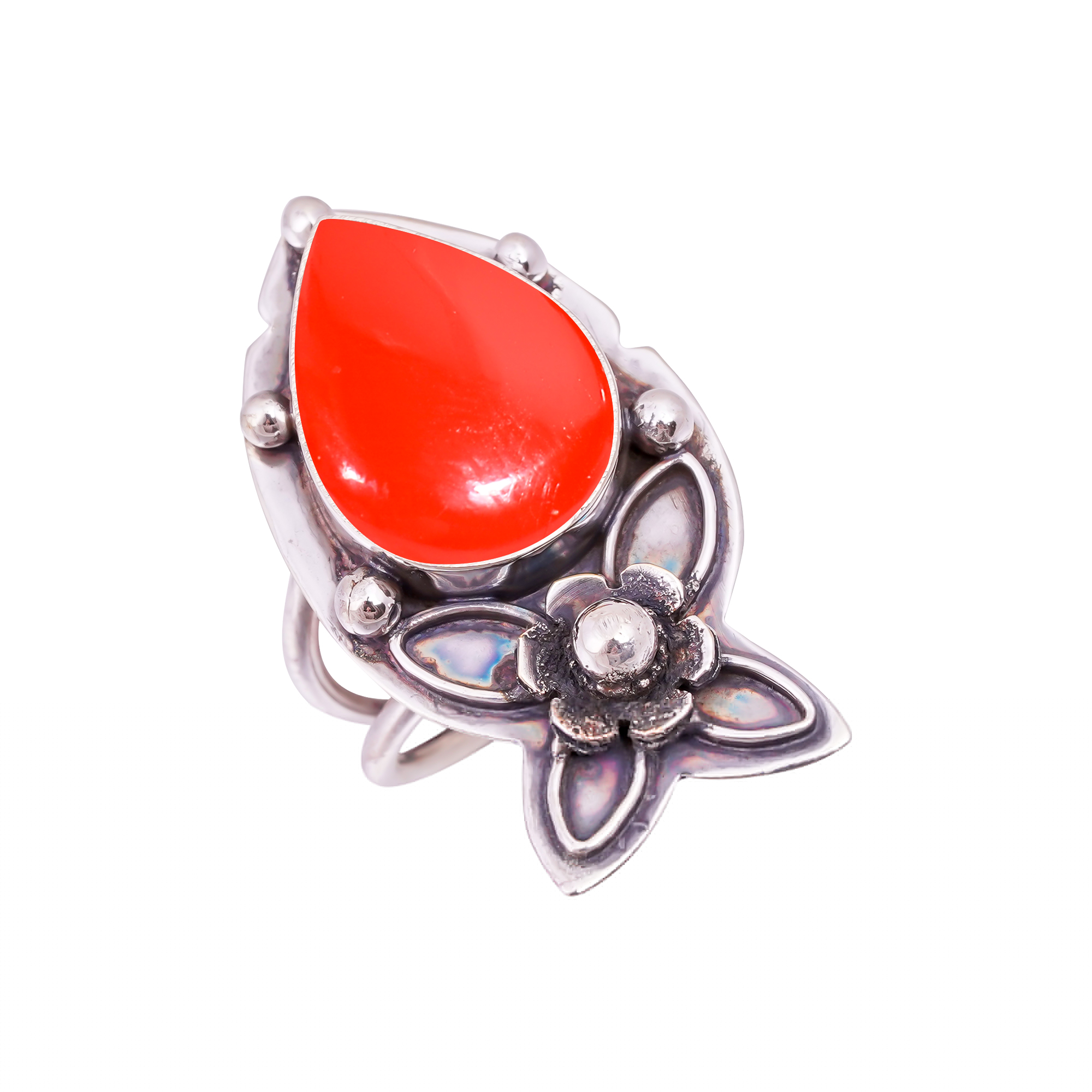 Red Coral - Simulated Gemstone 925 Sterling Silver Ring