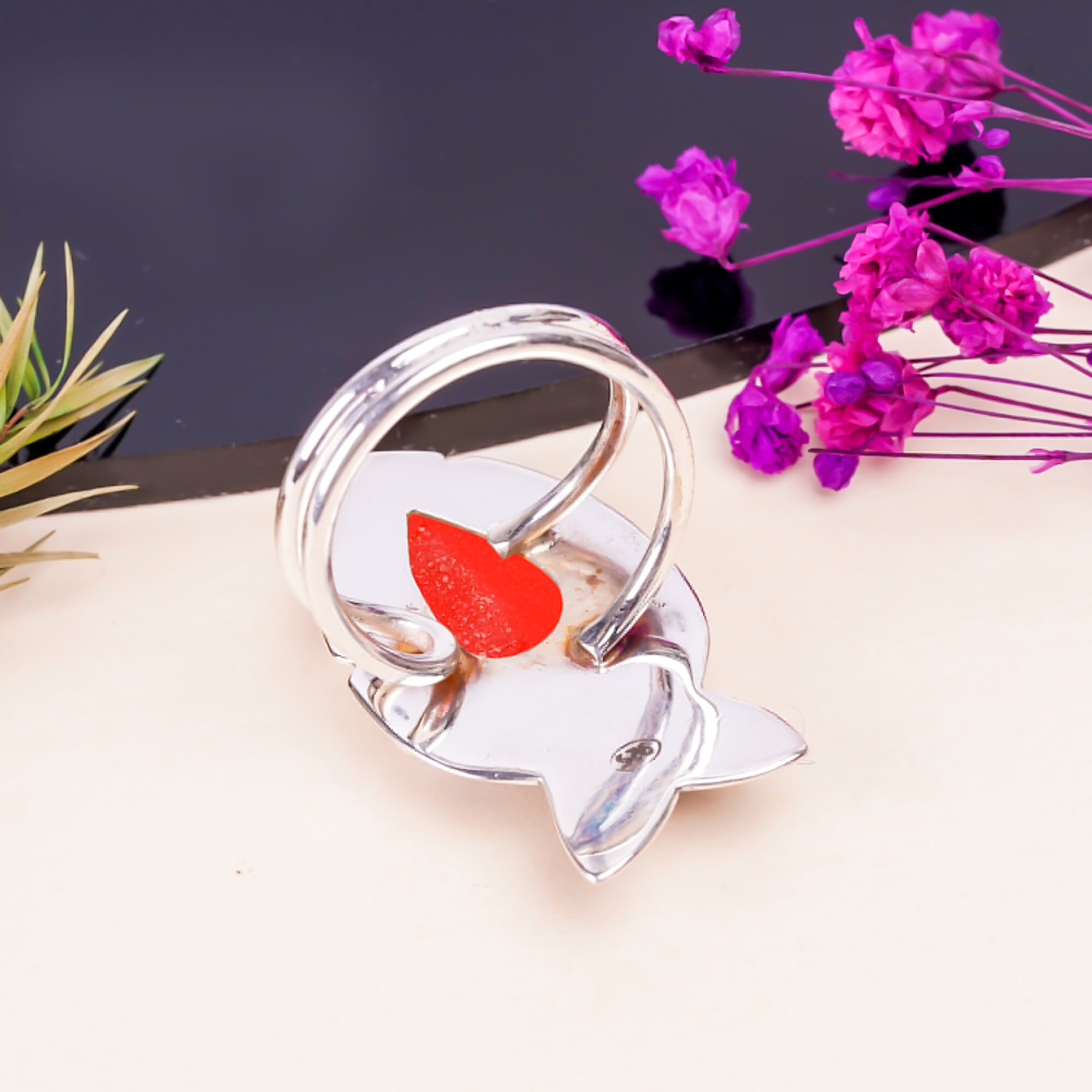 Red Coral - Simulated Gemstone 925 Sterling Silver Ring