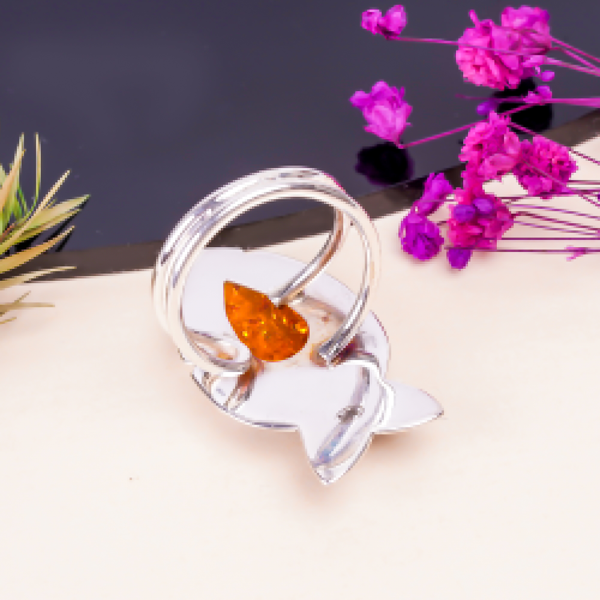 Amber - Simulated Gemstone 925 Sterling Silver Ring