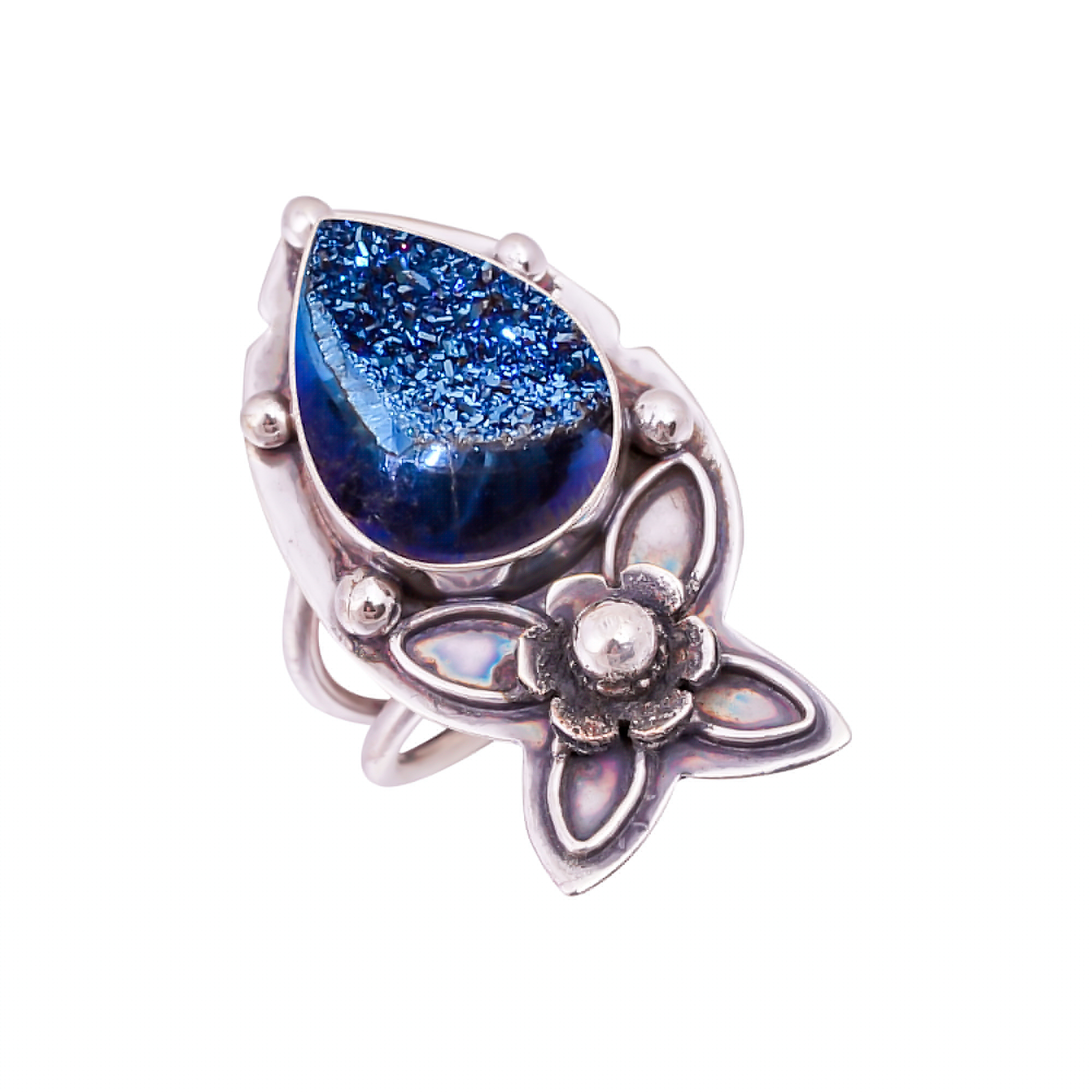 Electric Blue Titanium Agate Drusy Gemstone 925 Sterling Silver Ring