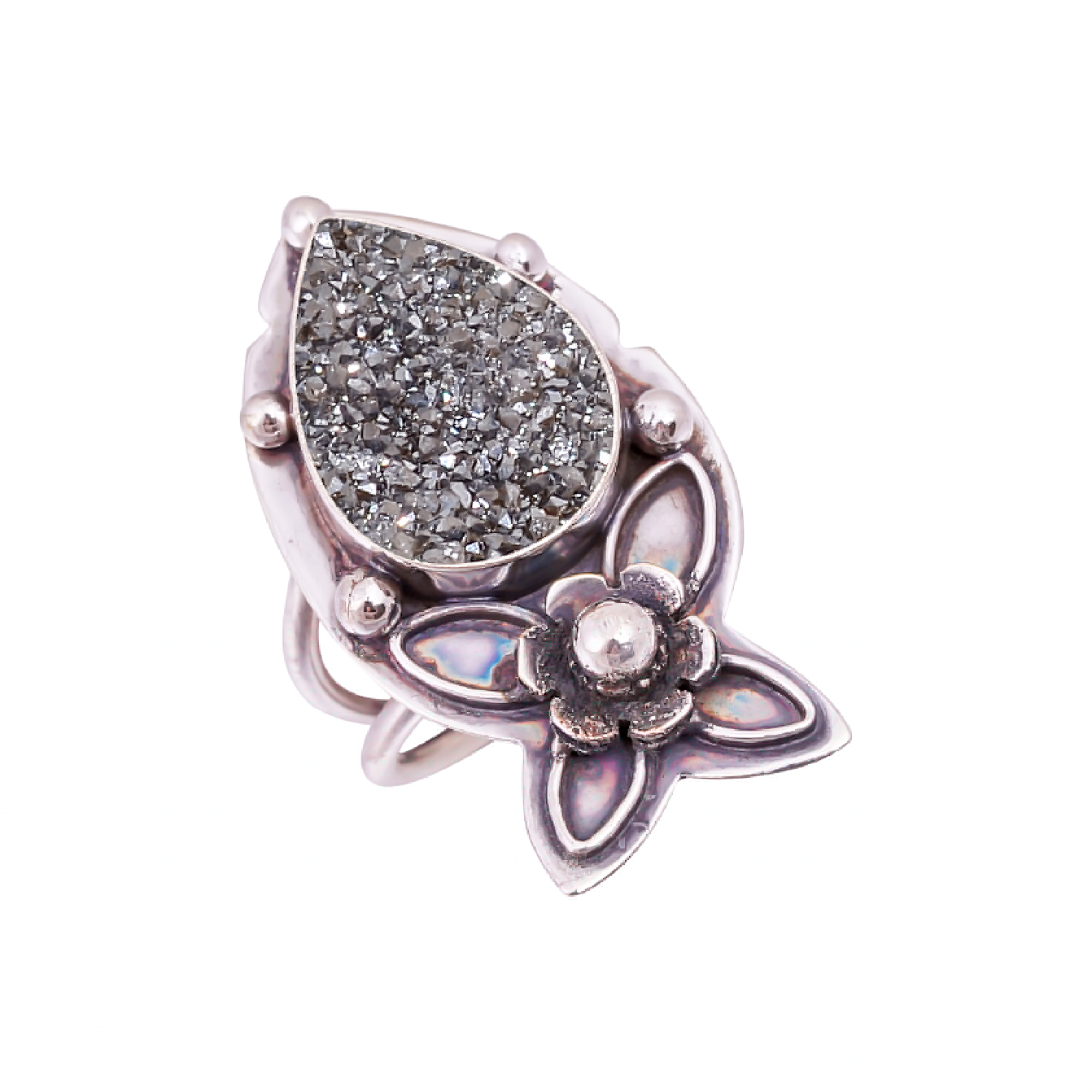 Black Titanium Agate Drusy Gemstone 925 Sterling Silver Ring