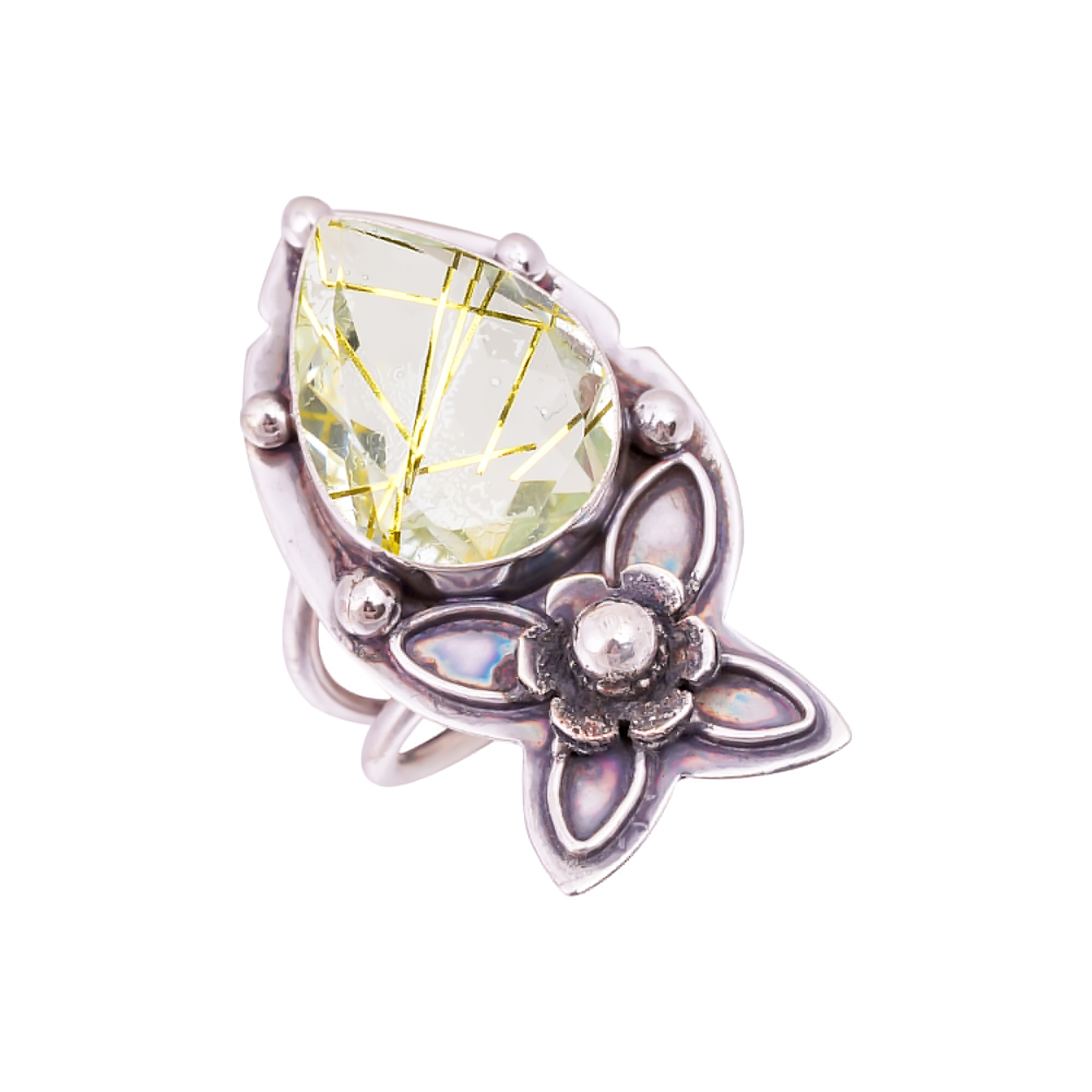 Golden Rutilated Quartz - Simulated Gemstone 925 Sterling Silver Ring