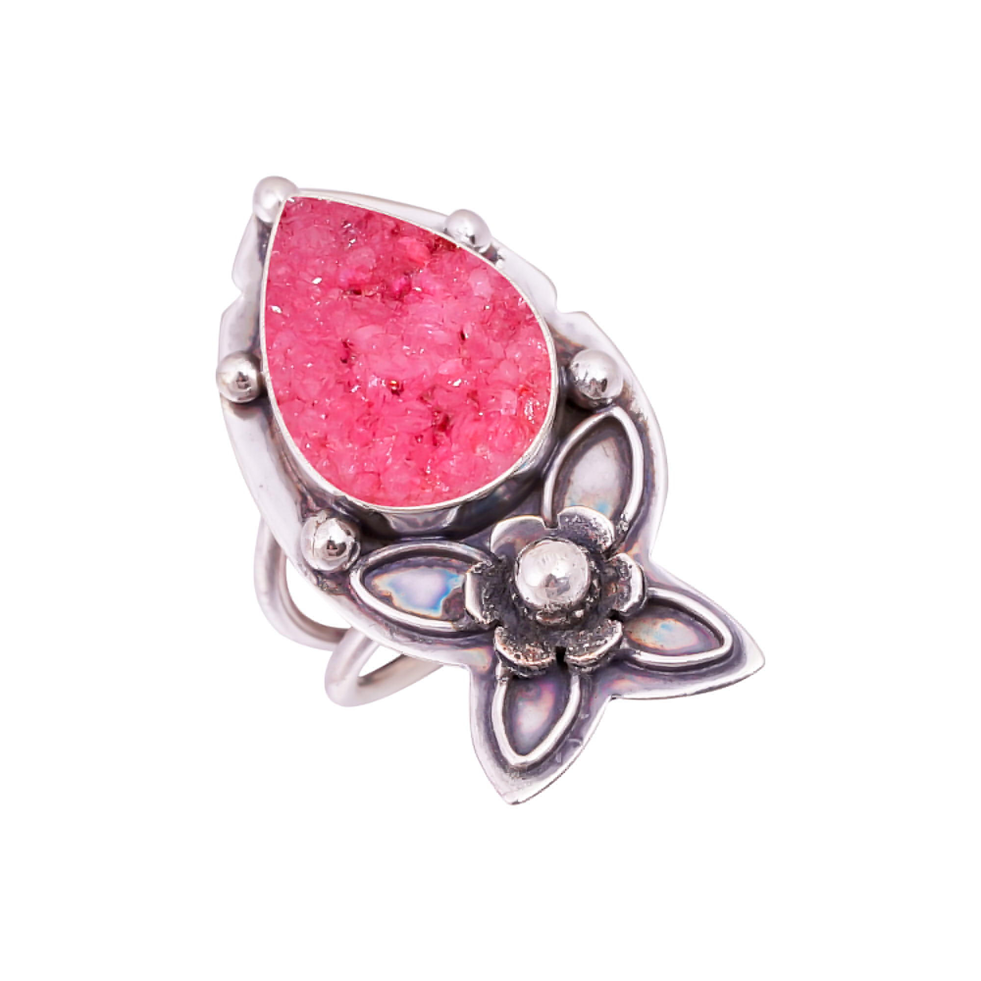Pink Quartz Drusy - India Gemstone 925 Sterling Silver Ring