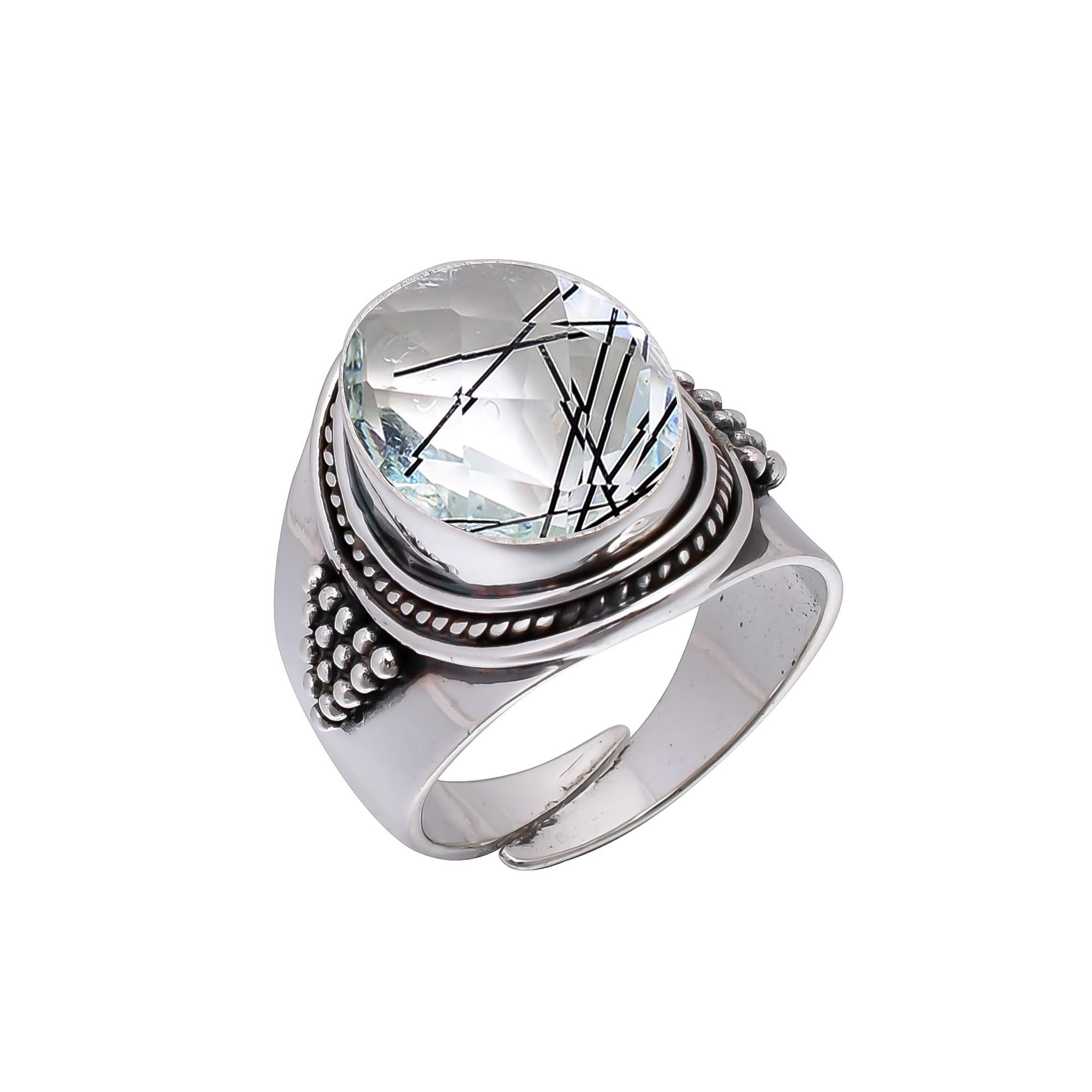 Black Rutilated Quartz - Simulated 925 Sterling Silver Ring