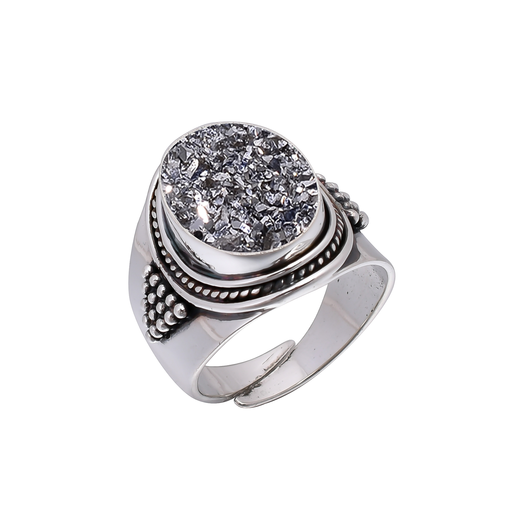 Silver Titanium Agate Drusy 925 Sterling Silver Ring