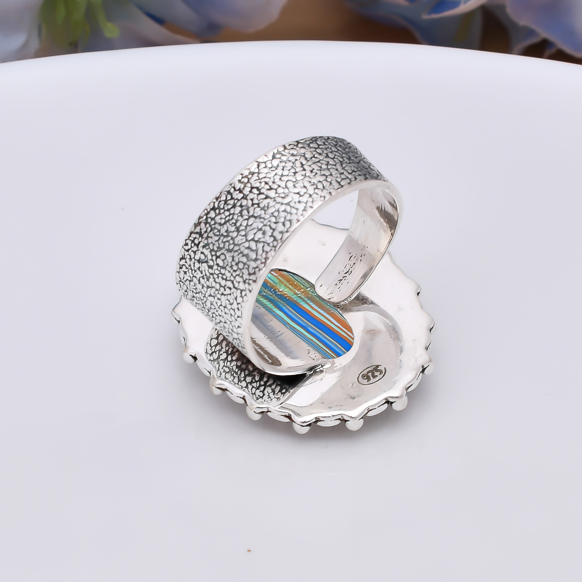 Blue Rainbow Calsilica - Simulated 925 Sterling Silver Ring