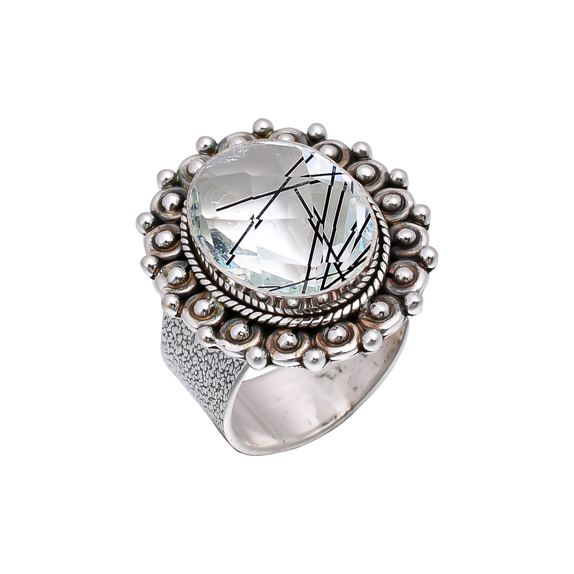 Black Rutilated Quartz - Simulated 925 Sterling Silver Ring