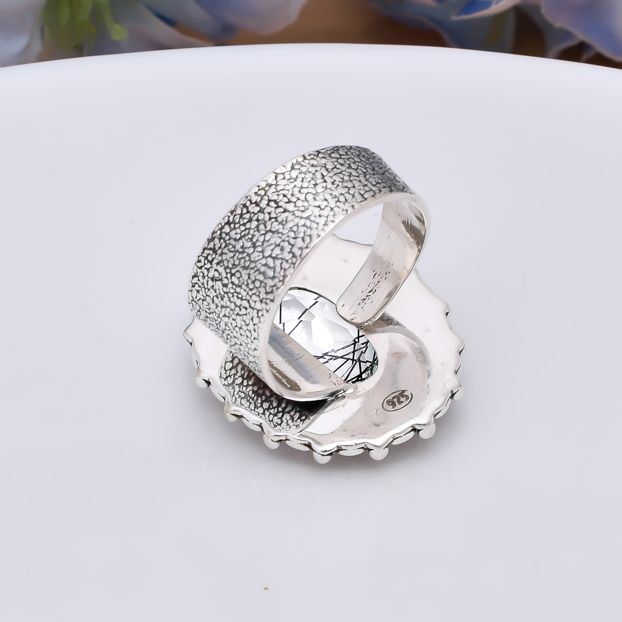 Black Rutilated Quartz - Simulated 925 Sterling Silver Ring