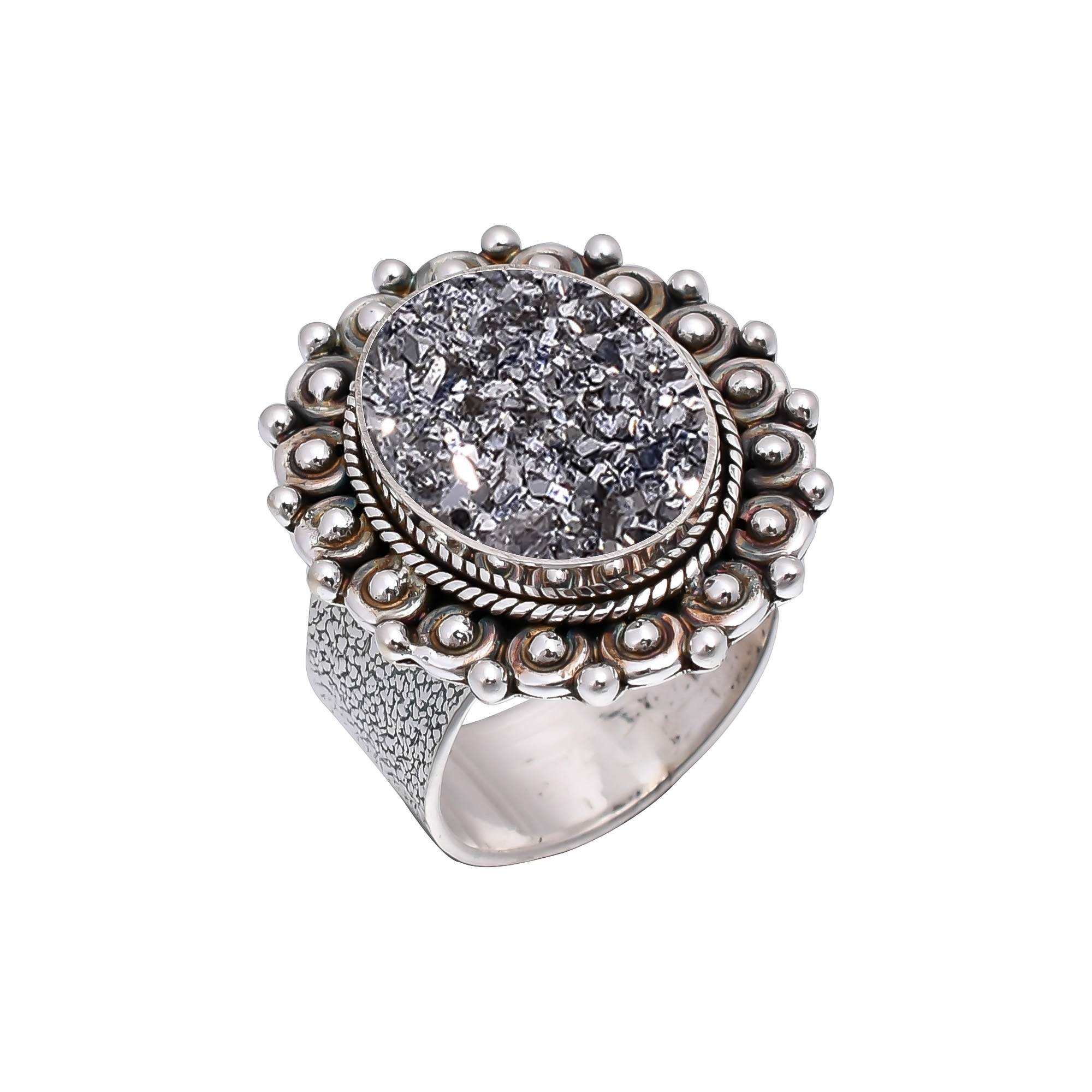Silver Titanium Agate Drusy 925 Sterling Silver Ring