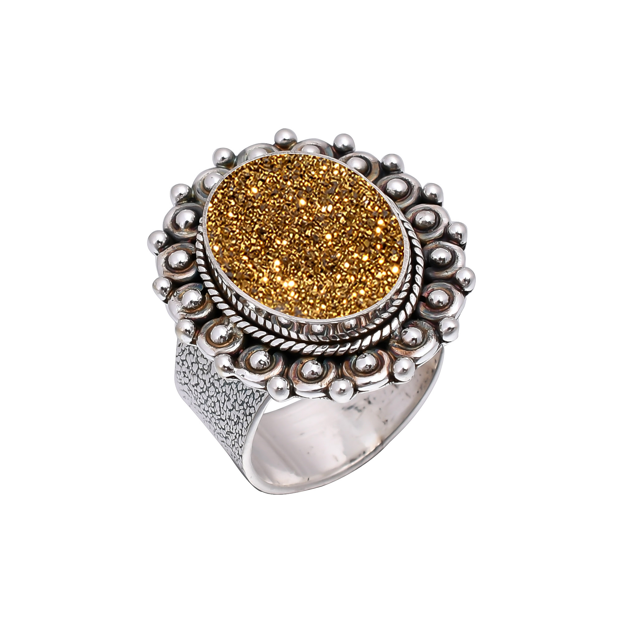 Golden Titanium Agate Drusy 925 Sterling Silver Ring
