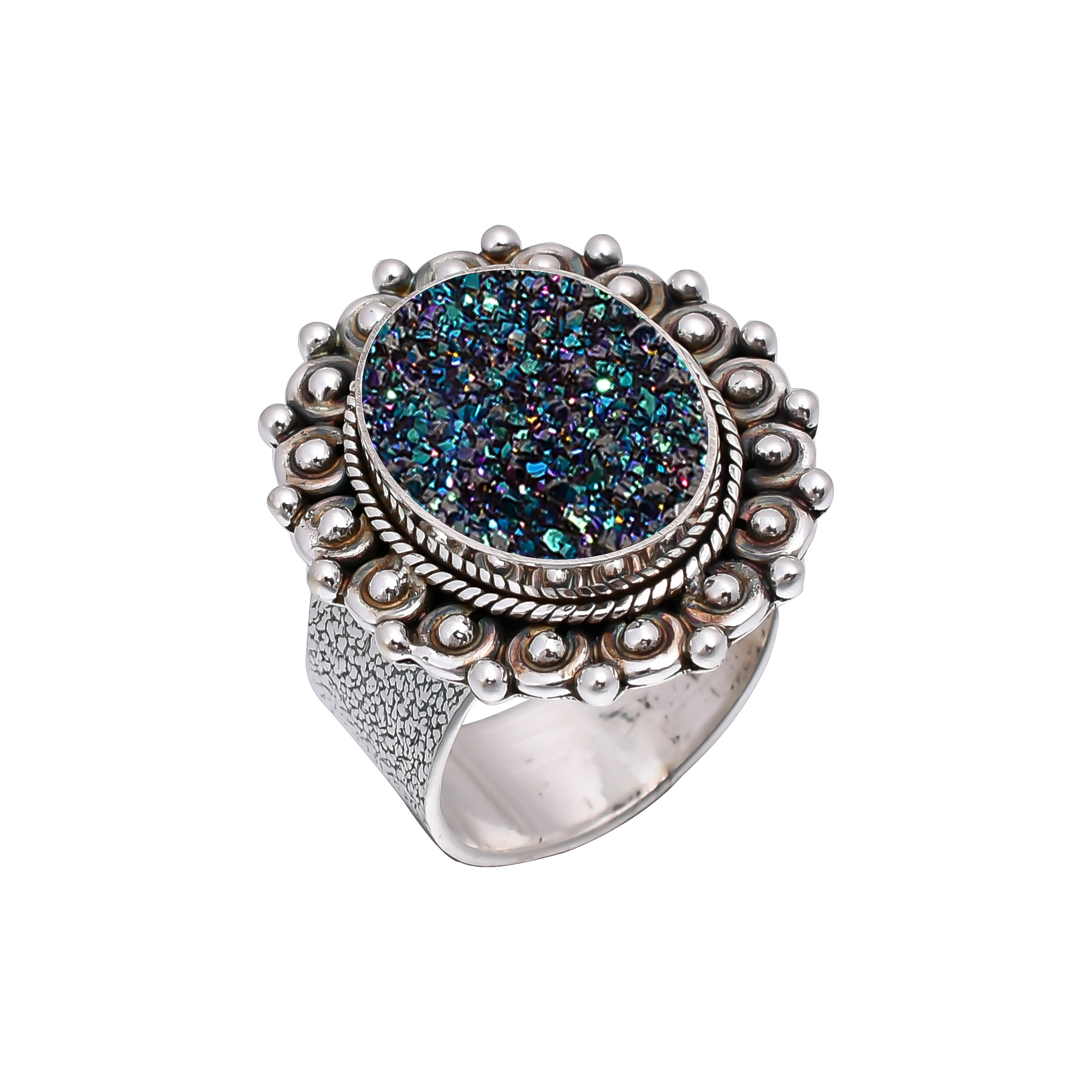 Electric Blue Titanium Agate Drusy 925 Sterling Silver Ring