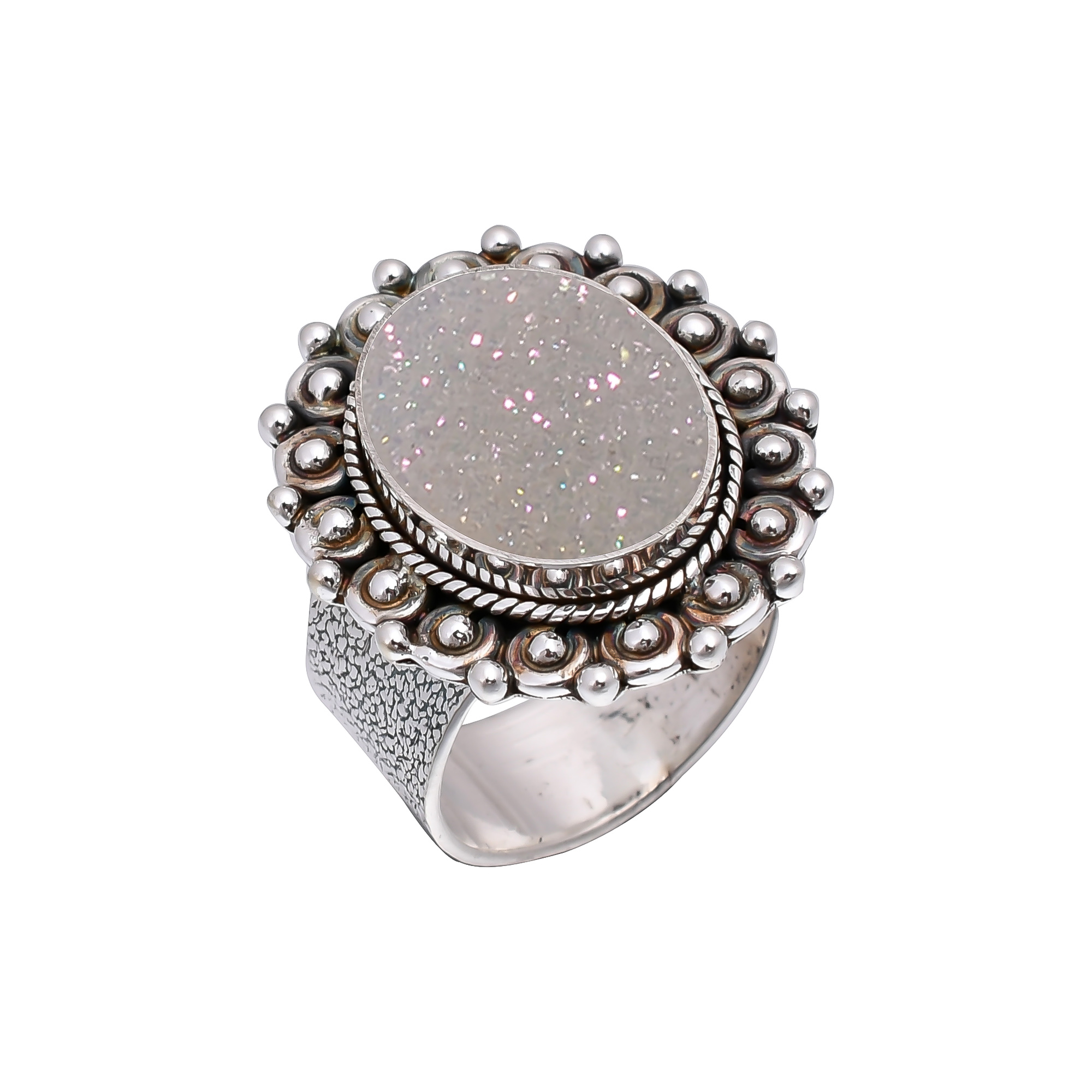 Snow White Titanium Agate Drusy 925 Sterling Silver Ring