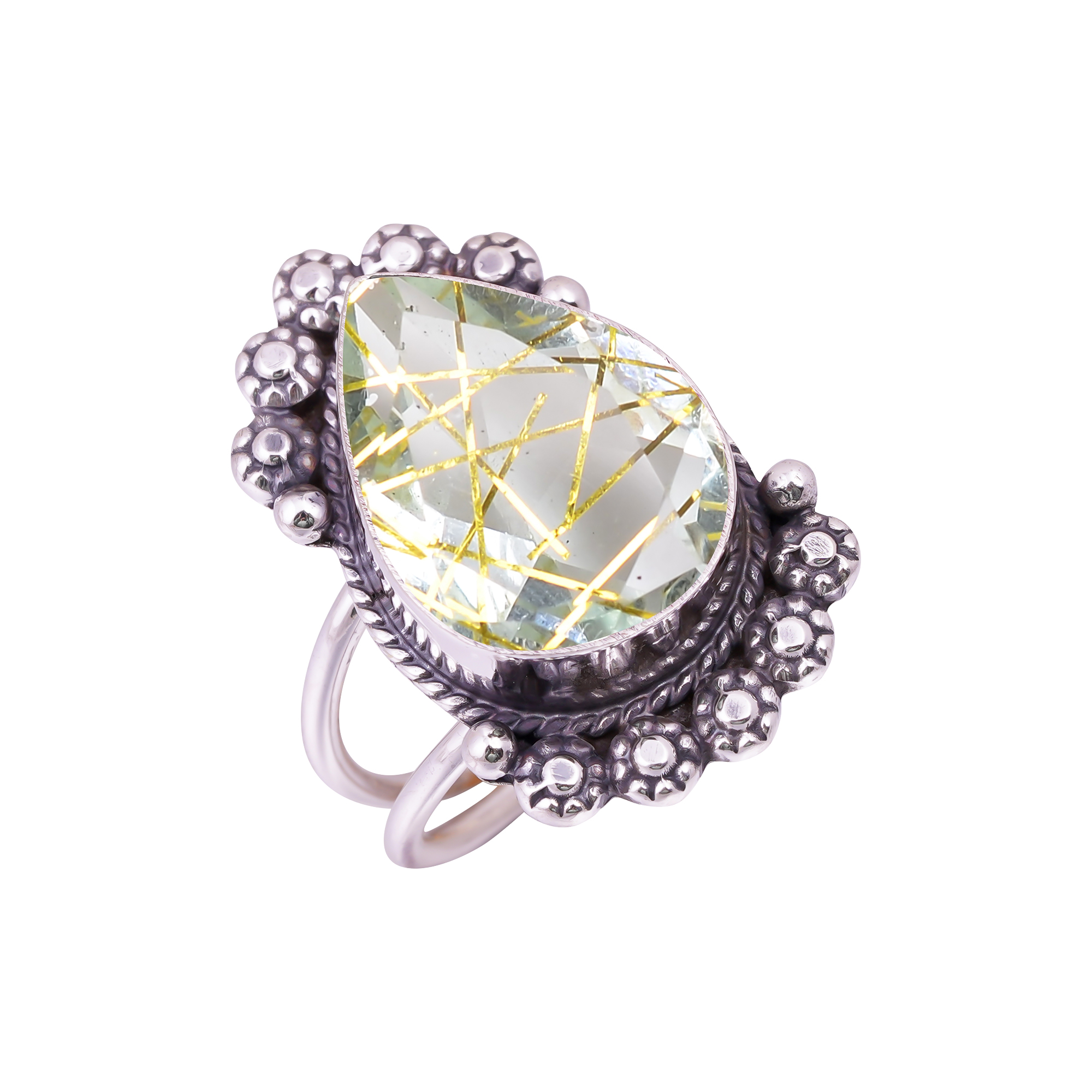 Golden Rutilated Quartz - Simulated Gemstone 925 Sterling Silver Ring