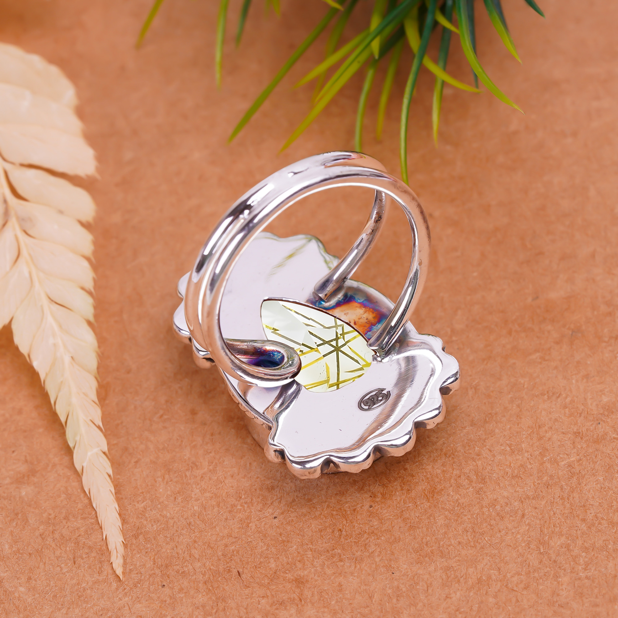 Golden Rutilated Quartz - Simulated Gemstone 925 Sterling Silver Ring