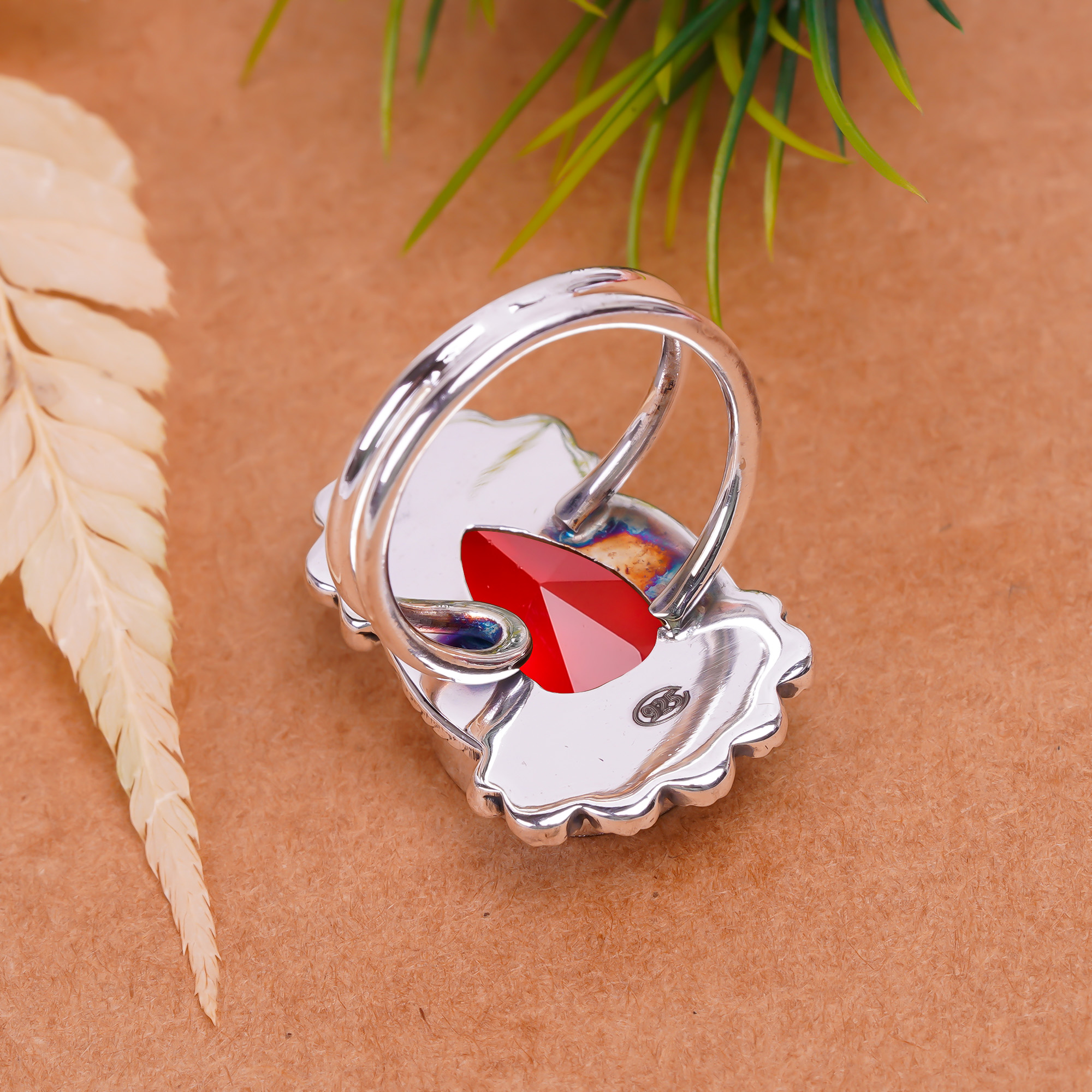 Red Garnet - Simulated Gemstone 925 Sterling Silver Ring