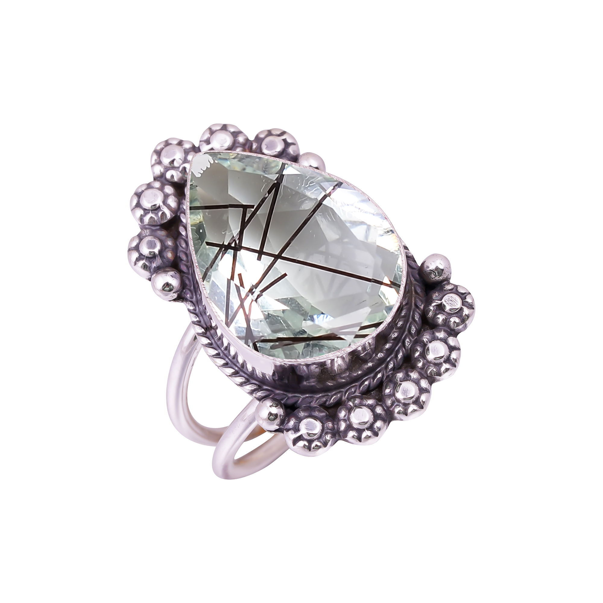 Black Rutilated Quartz - Simulated Gemstone 925 Sterling Silver Ring