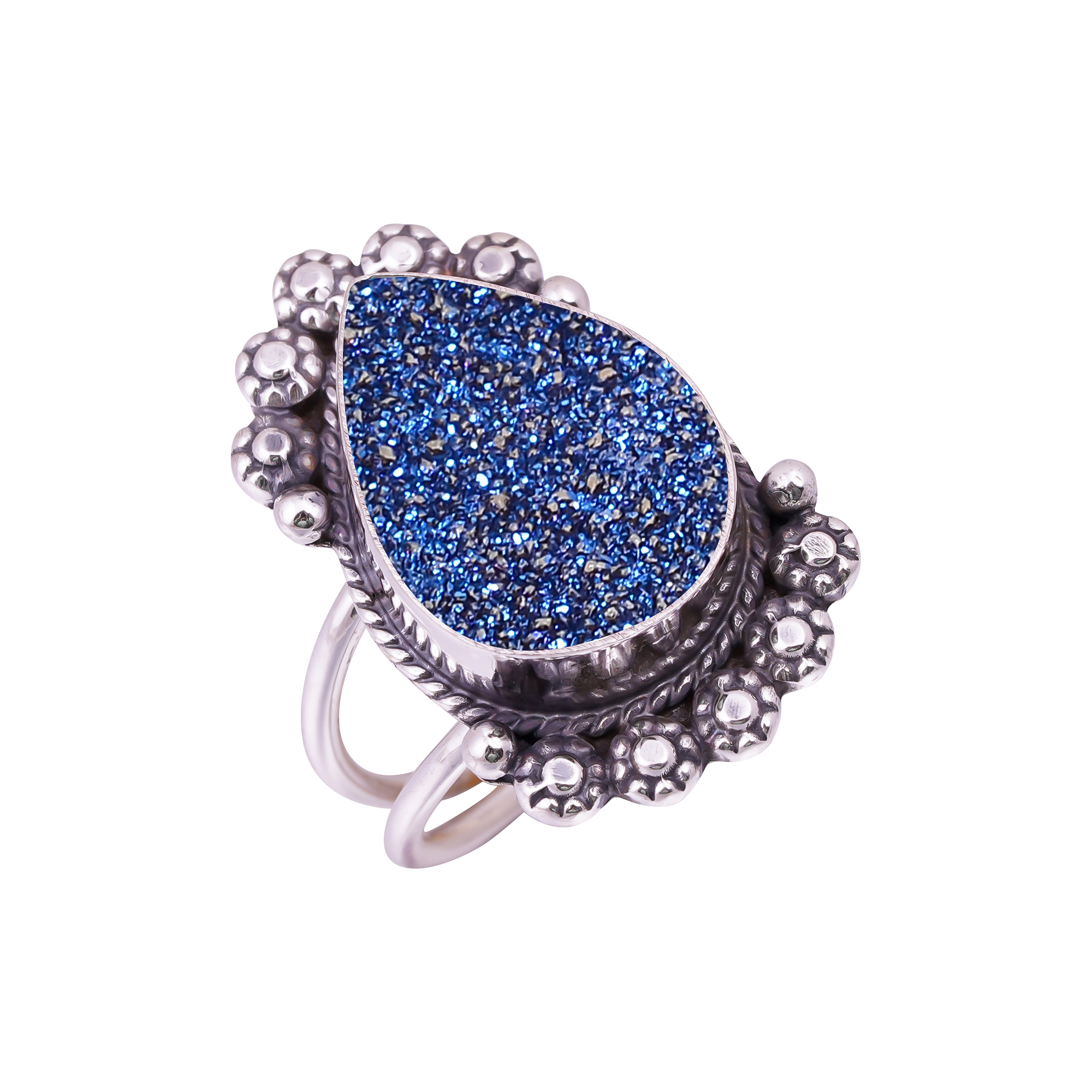 Electric Blue Titanium Agate Drusy Gemstone 925 Sterling Silver Ring