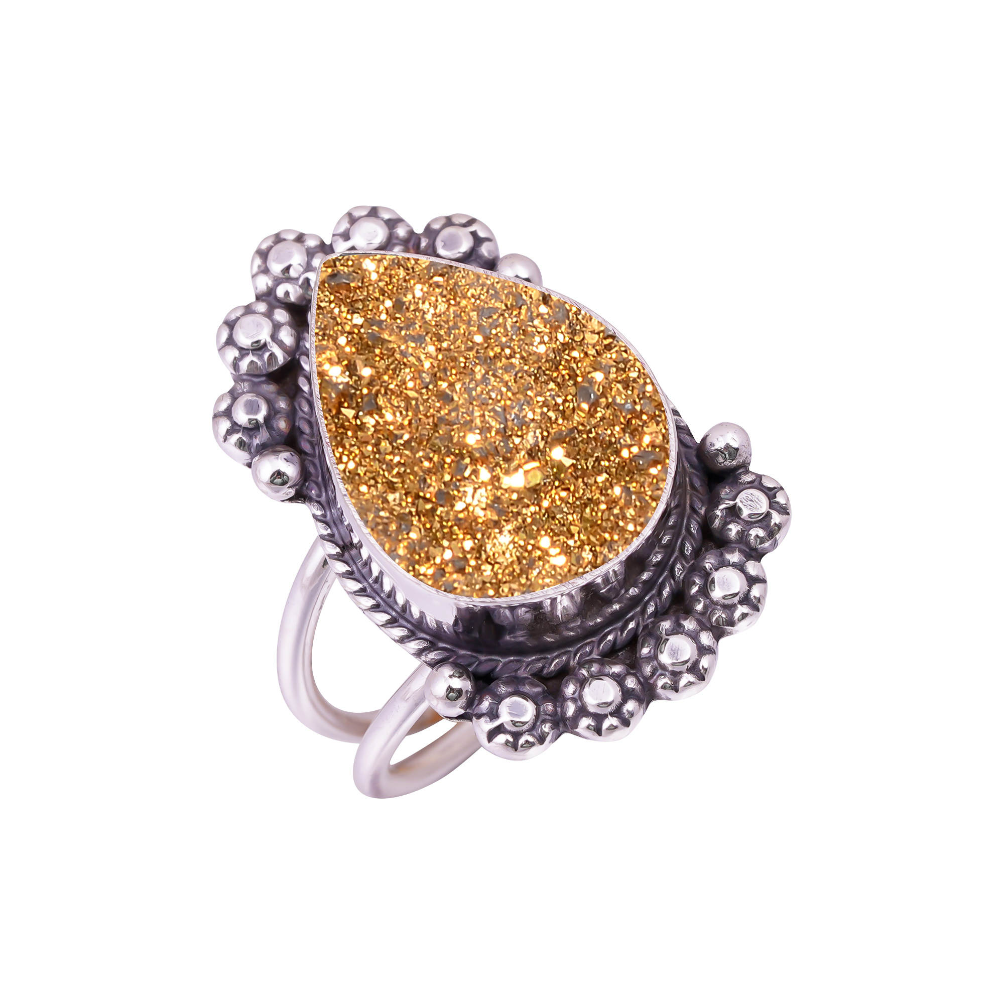 Golden Titanium Agate Drusy Gemstone 925 Sterling Silver Ring