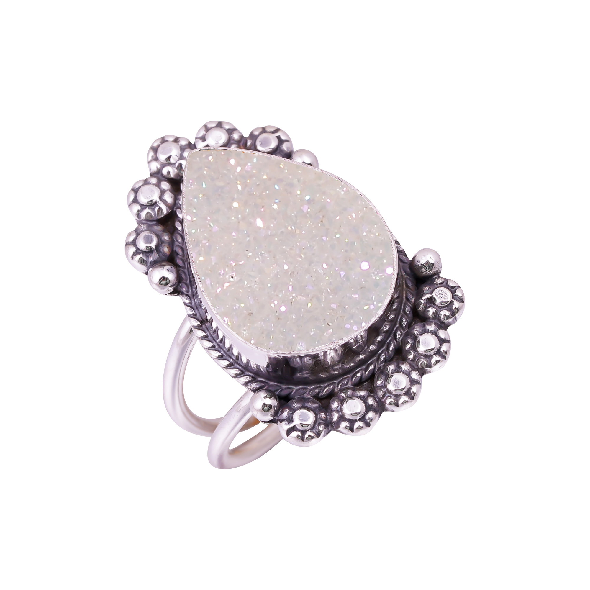 Snow White Titanium Agate Drusy Gemstone 925 Sterling Silver Ring
