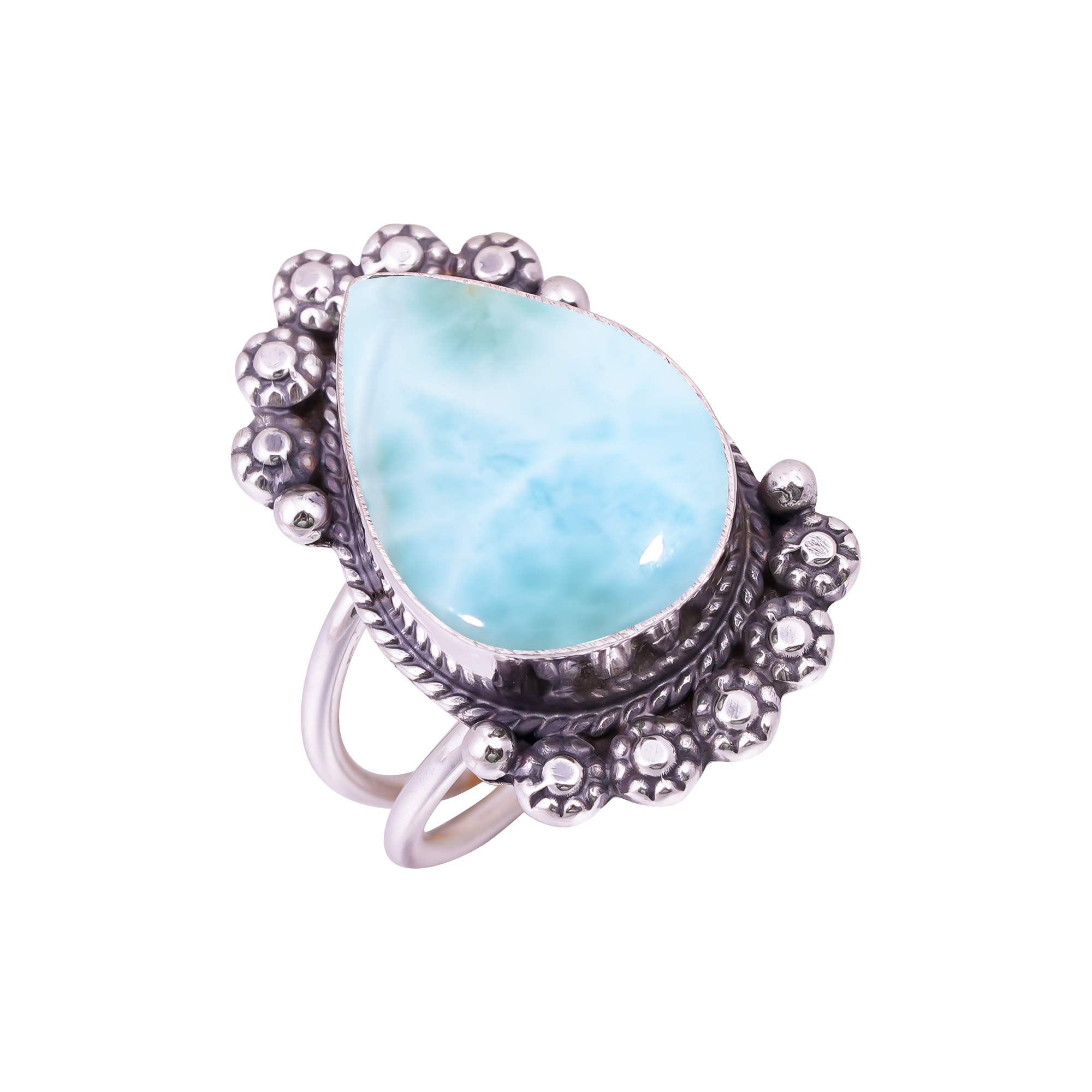Natural Larimar / Pactolite - Dominican Republic Gemstone 925 Sterling Silver Ring
