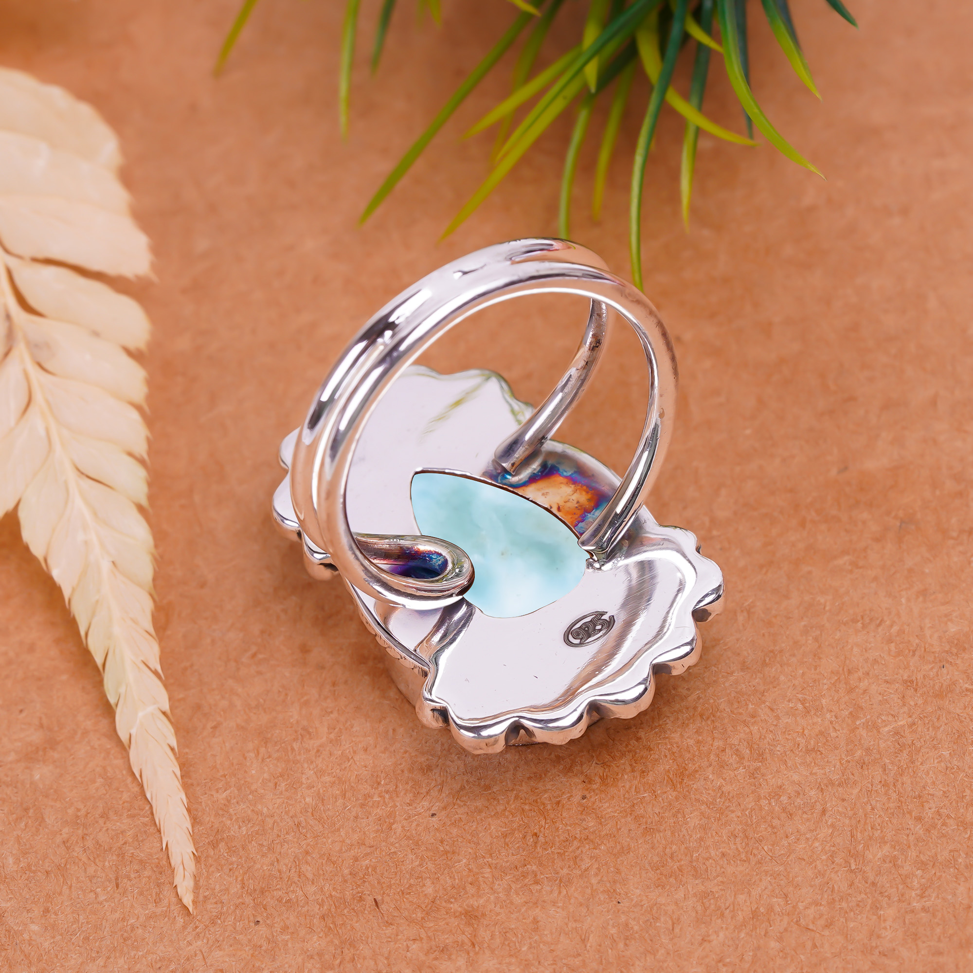 Natural Larimar / Pactolite - Dominican Republic Gemstone 925 Sterling Silver Ring