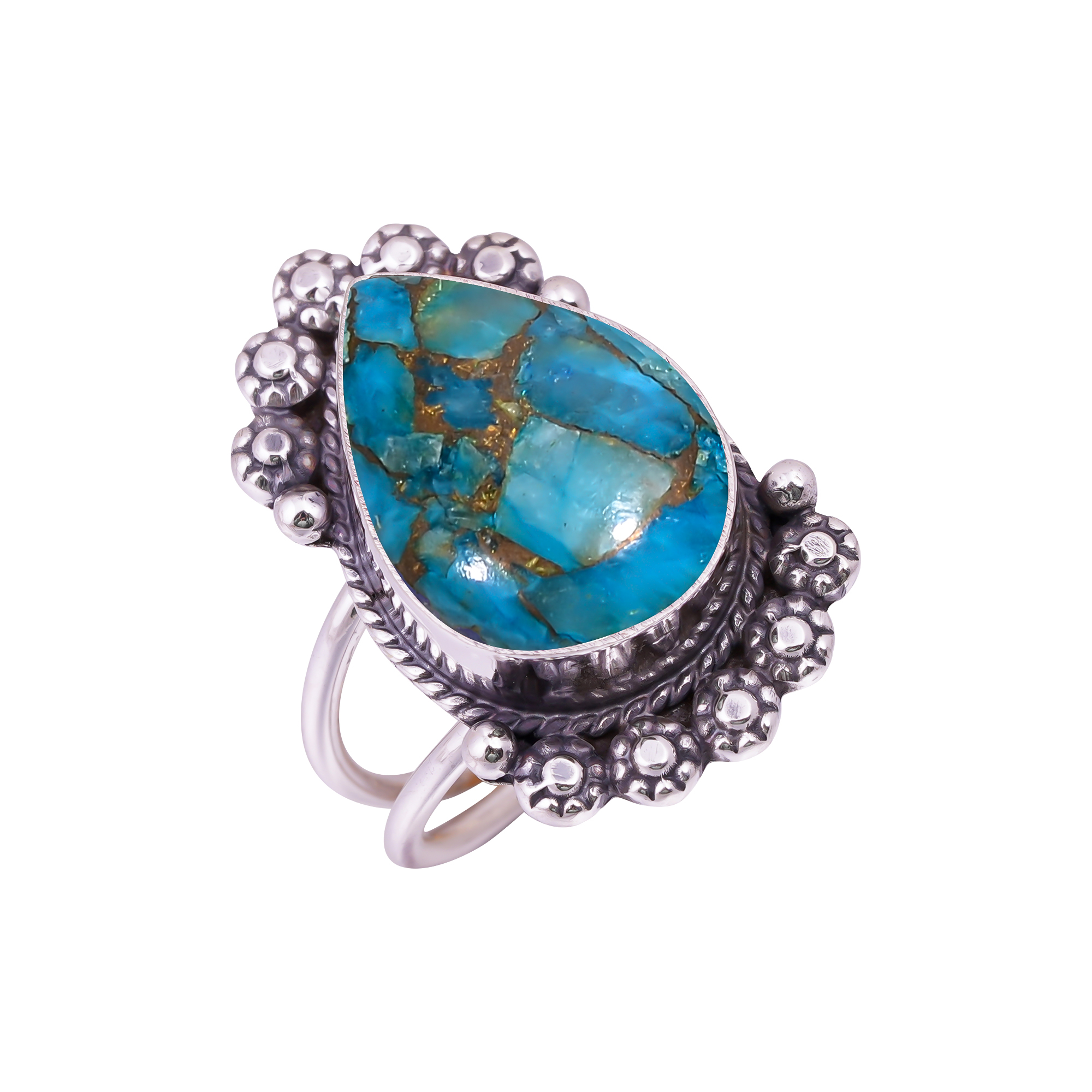 Copper Blue Turquoise Gemstone 925 Sterling Silver Ring