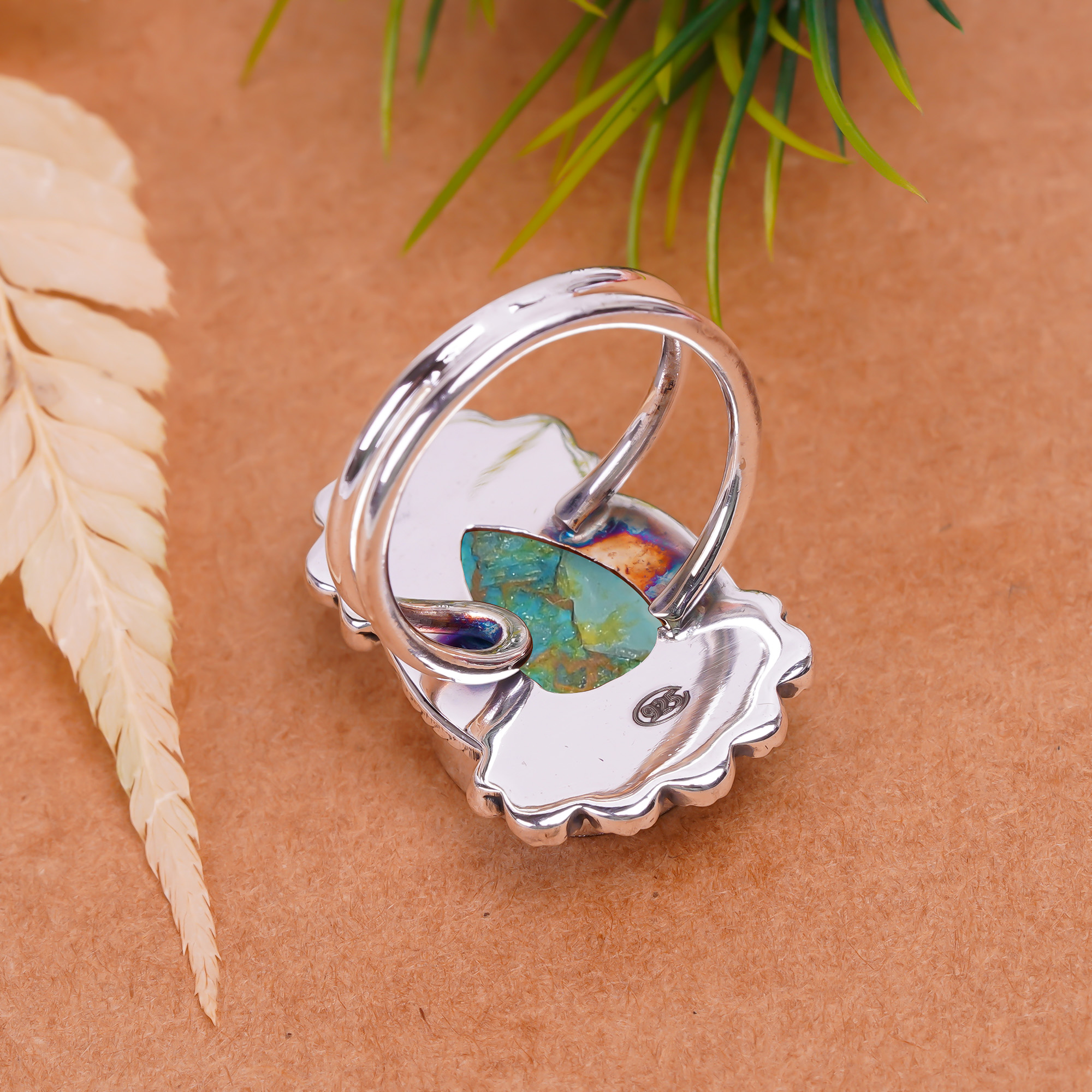 Copper Blue Turquoise Gemstone 925 Sterling Silver Ring