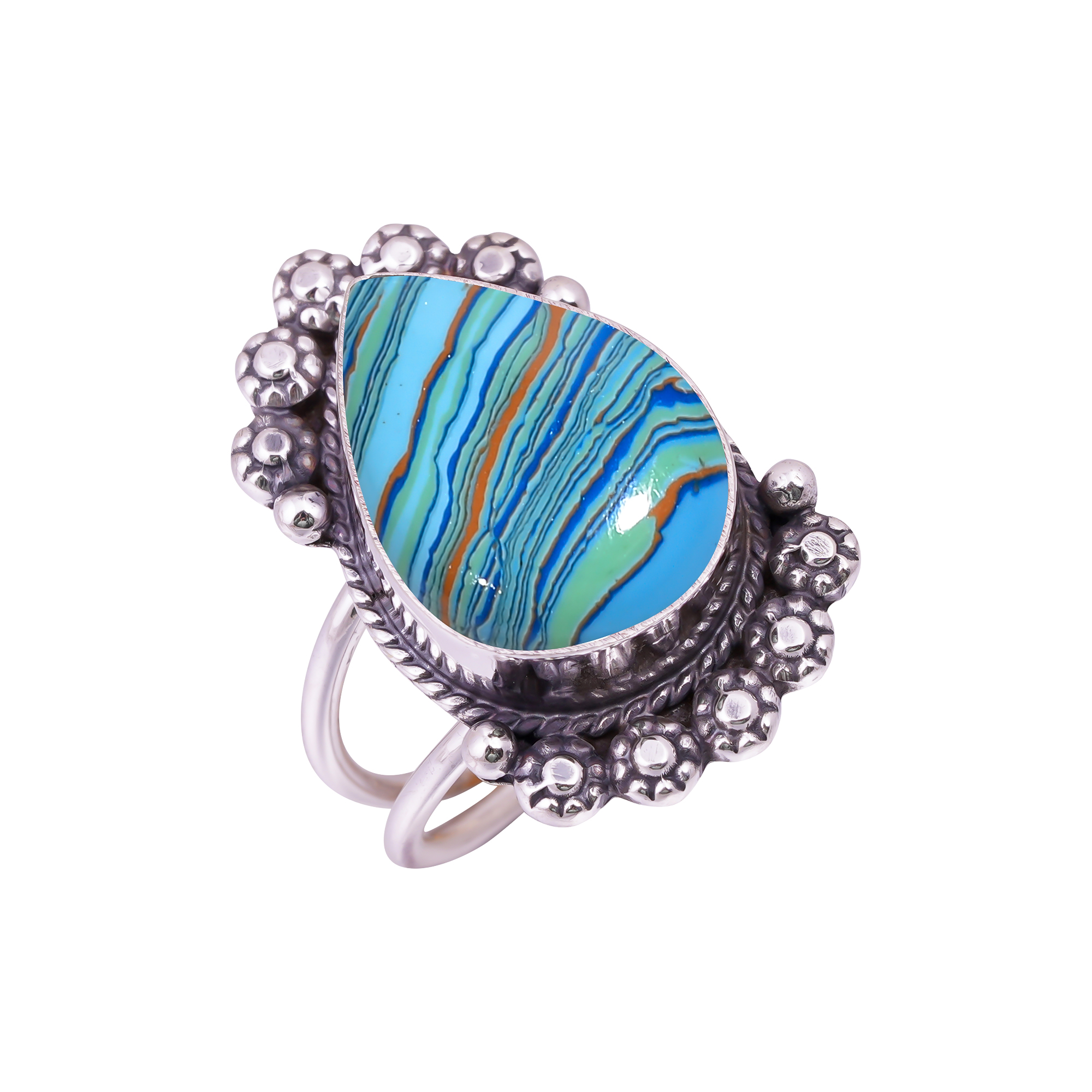 Blue Rainbow Calsilica - Simulated Gemstone 925 Sterling Silver Ring