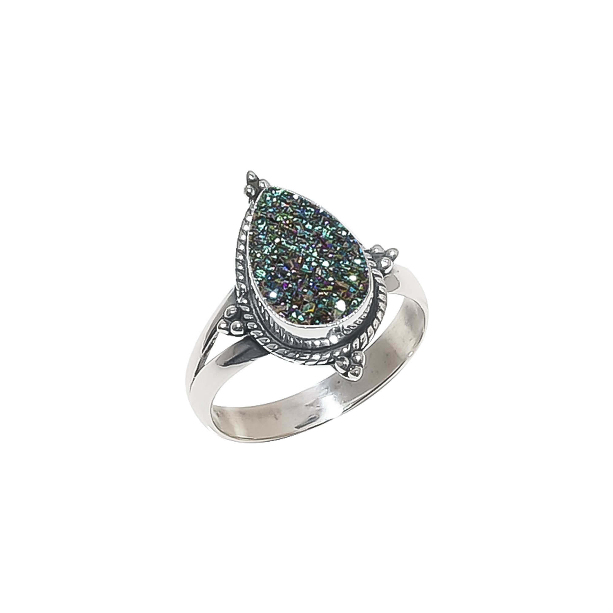 Peacock Titanium Agate Drusy 925 Sterling Silver Ring
