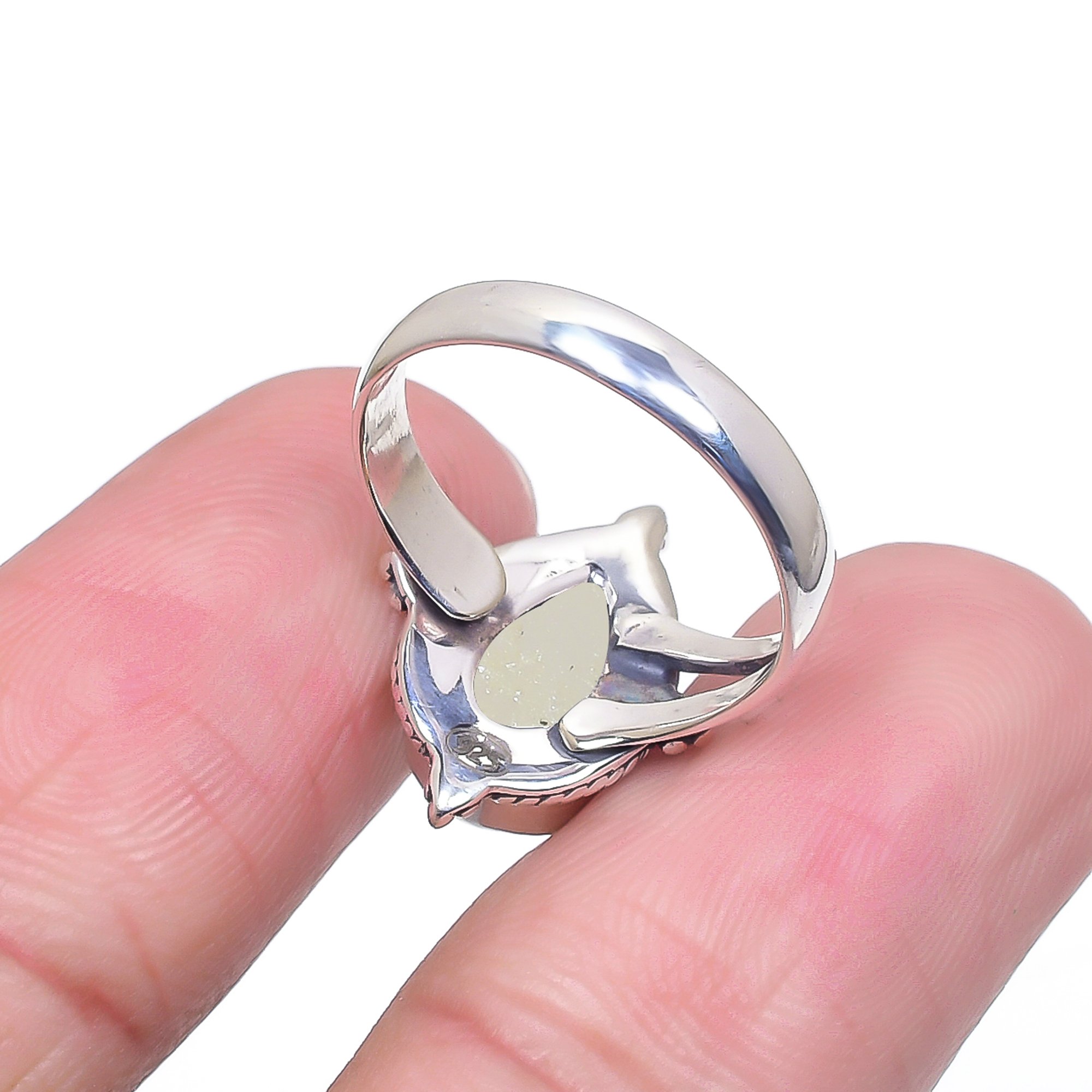 Snow White Titanium Agate Drusy 925 Sterling Silver Ring