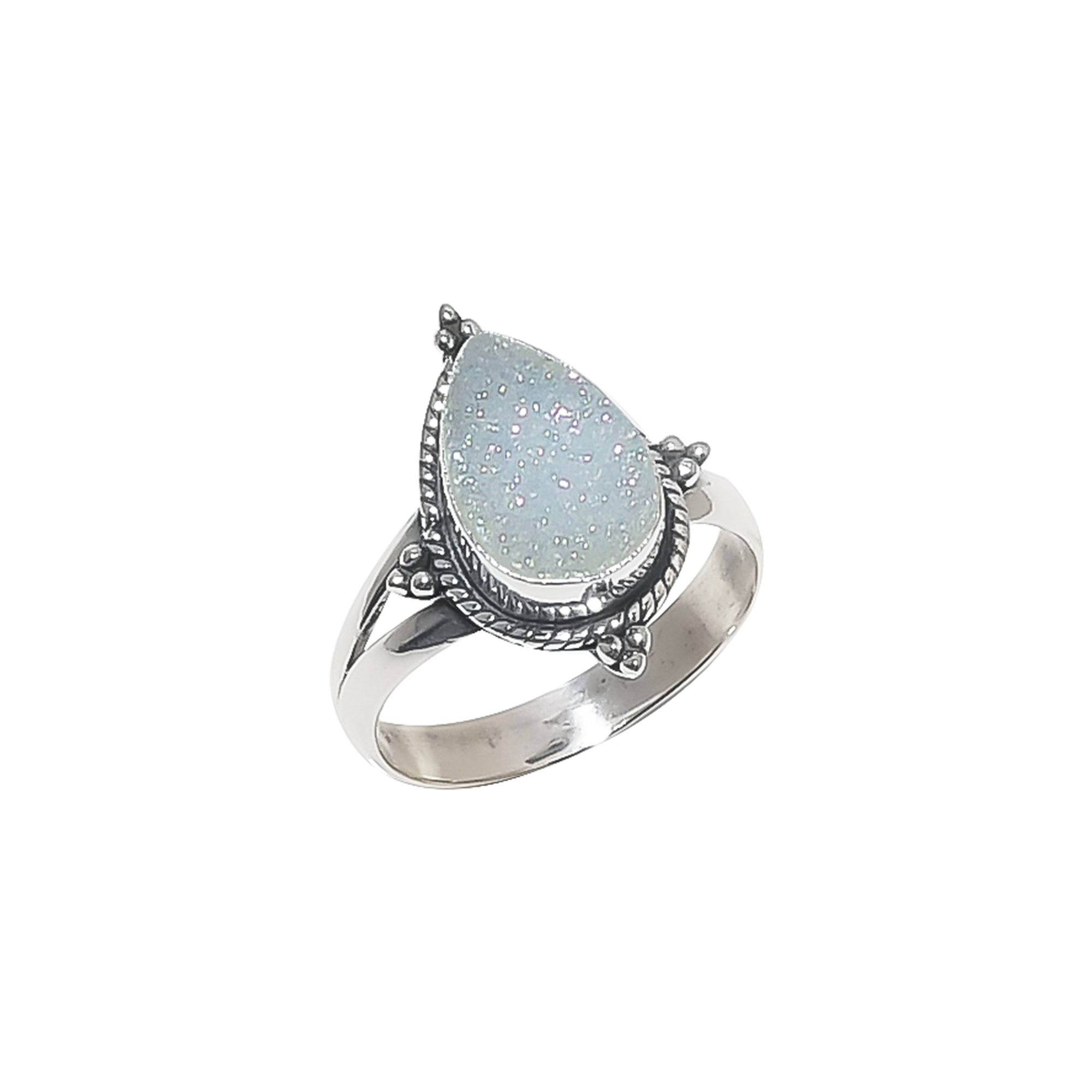 Snow White Titanium Agate Drusy 925 Sterling Silver Ring