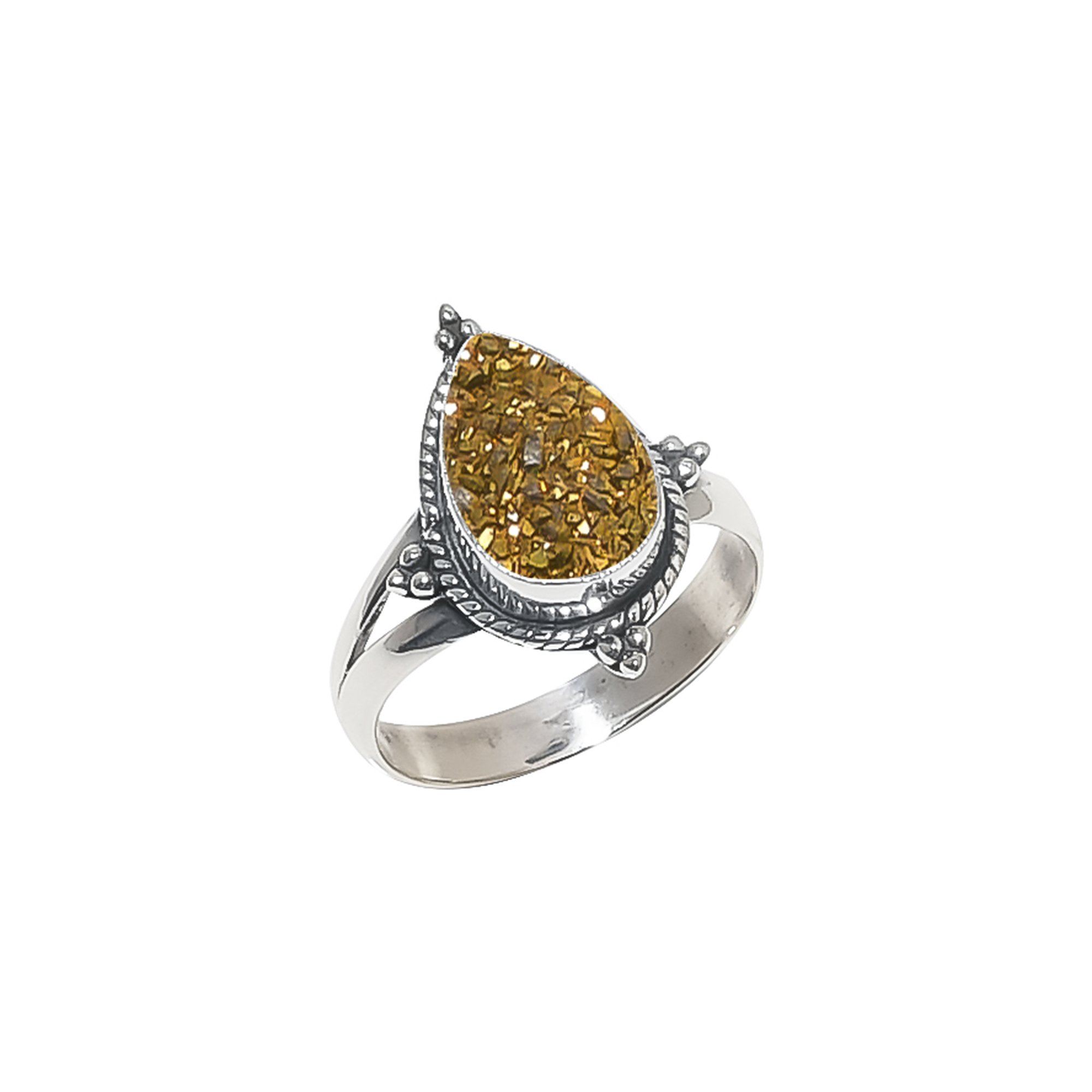 Golden Titanium Agate Drusy 925 Sterling Silver Ring