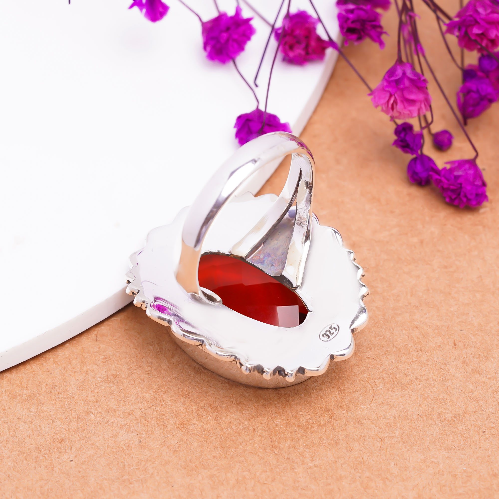 Red Garnet - Simulated Gemstone 925 Sterling Silver Ring