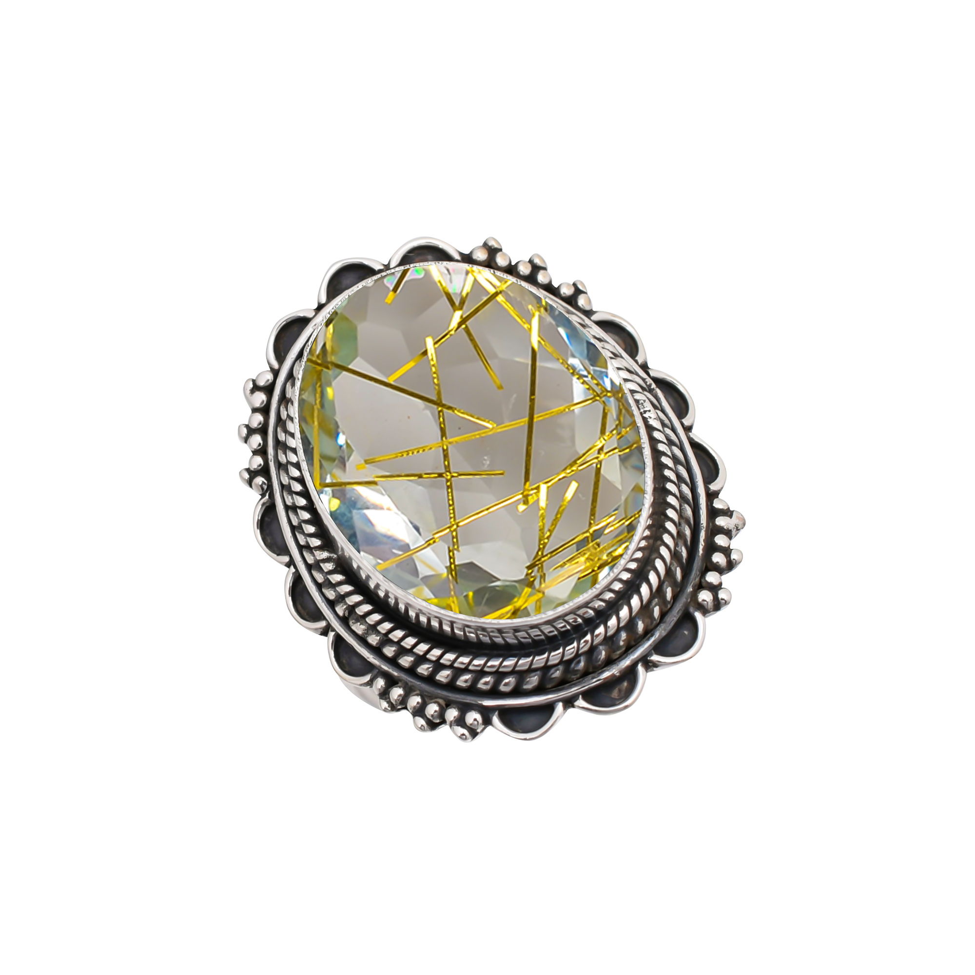 Golden Rutilated Quartz - Simulated Gemstone 925 Sterling Silver Ring