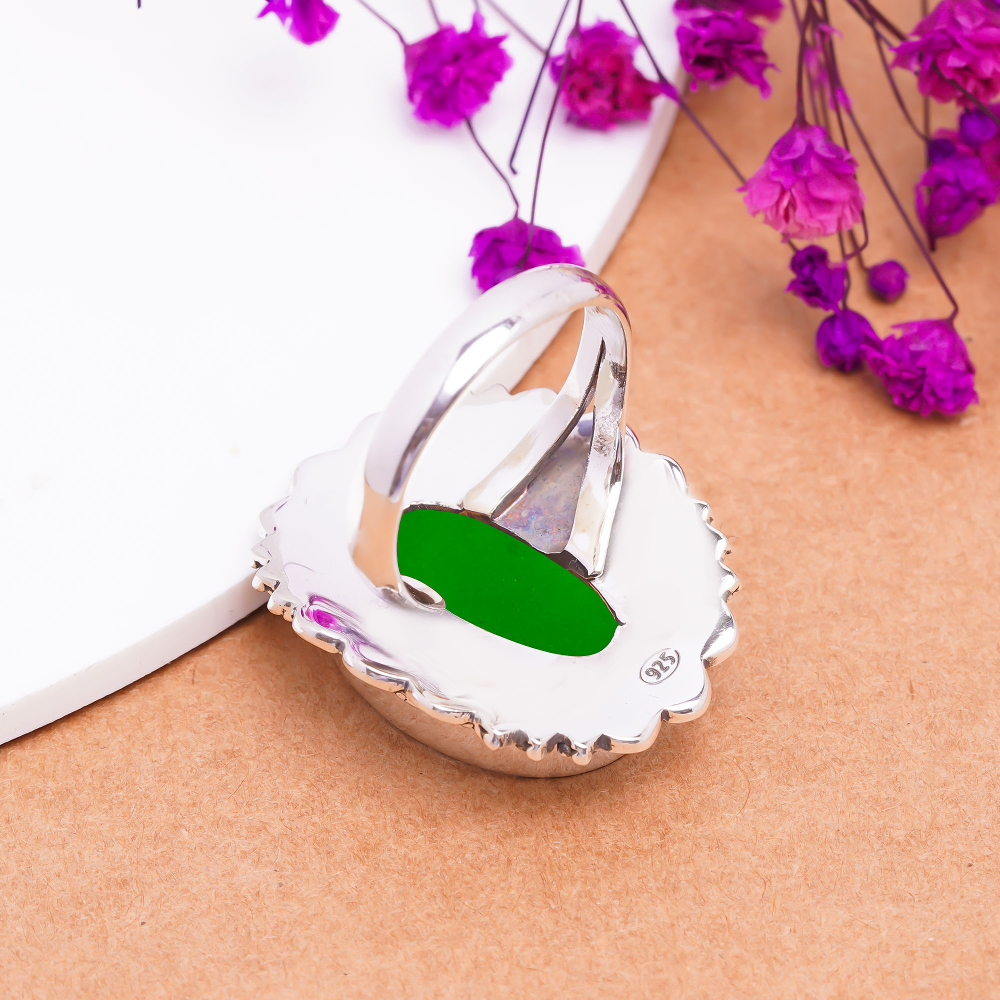 Emerald Simulated Gemstone 925 Sterling Silver Ring