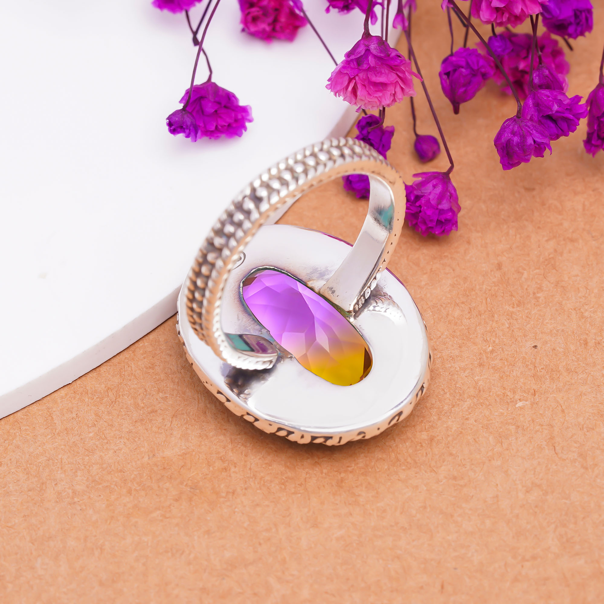 Bi-Colour Tourmaline - Simulated Gemstone 925 Sterling Silver Ring