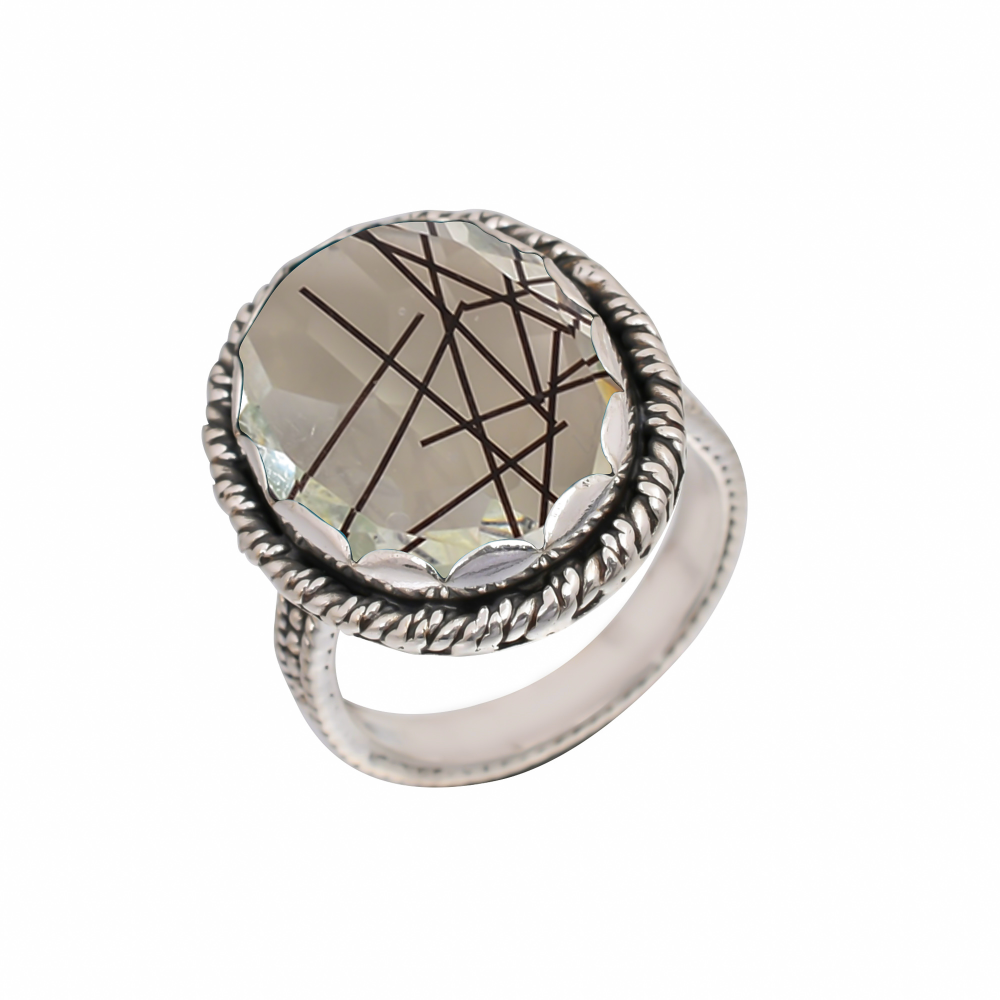 Black Rutilated Quartz - Simulated Gemstone 925 Sterling Silver Ring