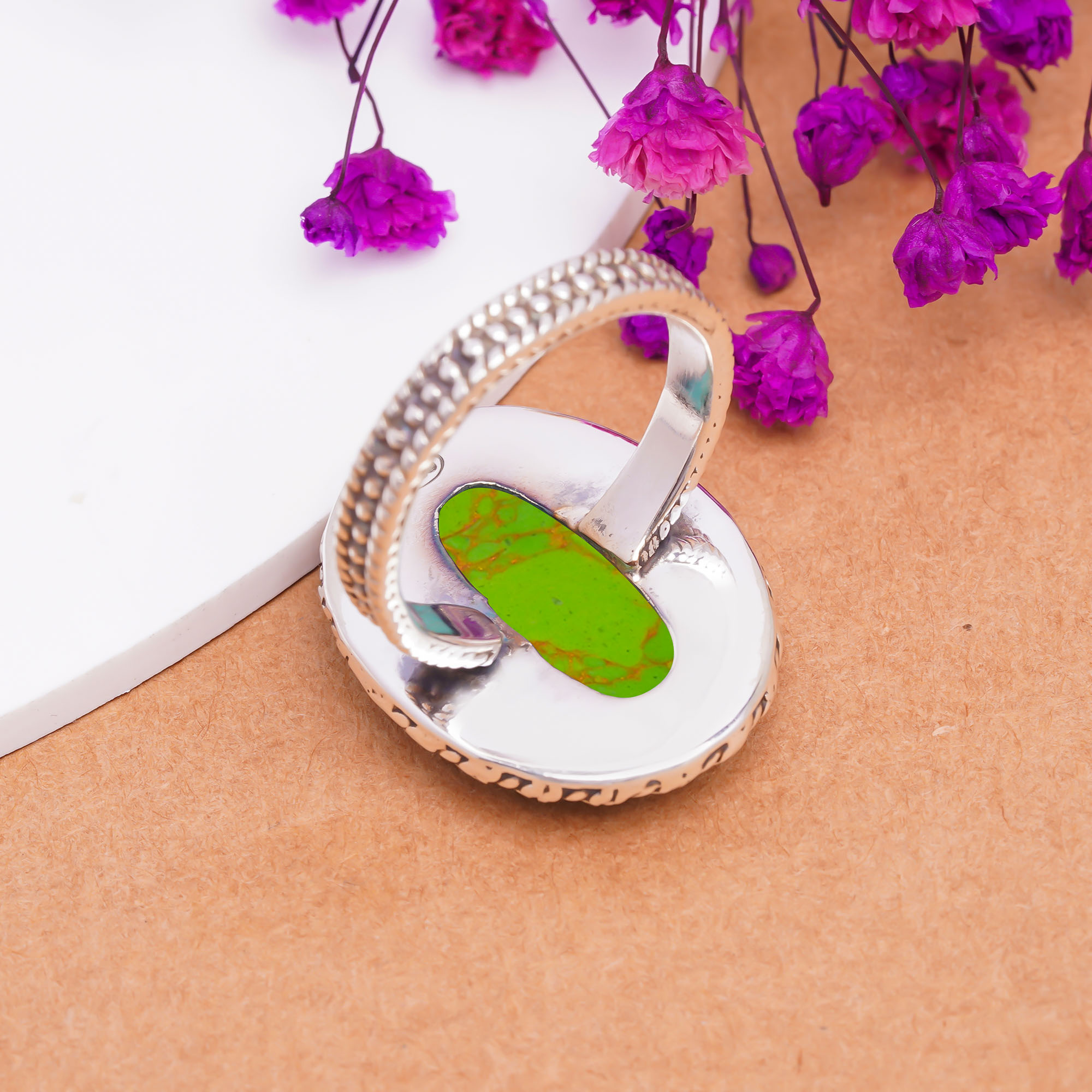 Copper Green Turquoise - Simulated Gemstone 925 Sterling Silver Ring