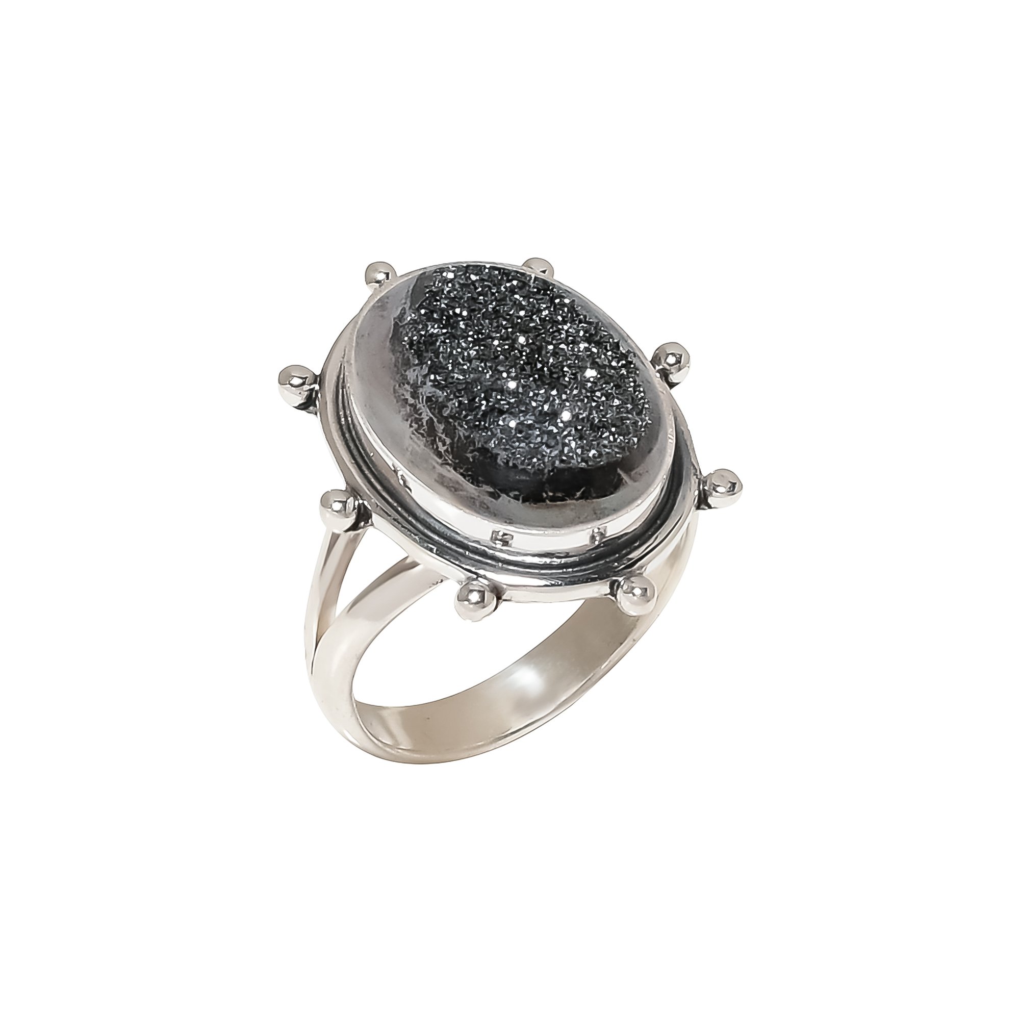 Black Titanium Agate Drusy 925 Sterling Silver Ring