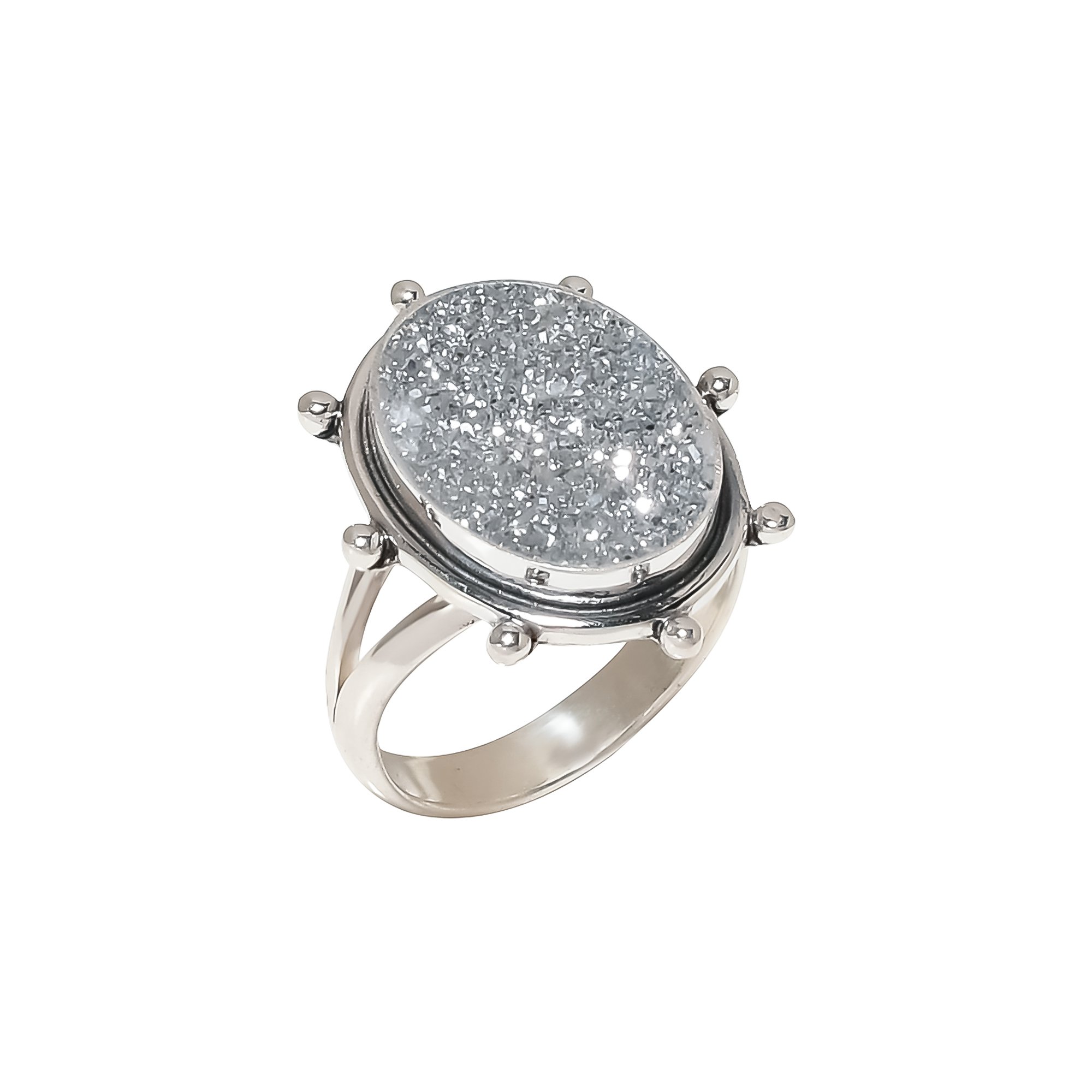 Silver Titanium Agate Drusy 925 Sterling Silver Ring