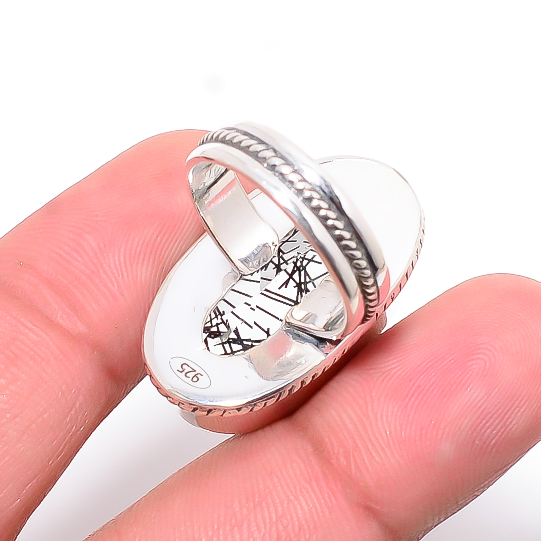 Black Rutilated Quartz - Simulated 925 Sterling Silver Ring