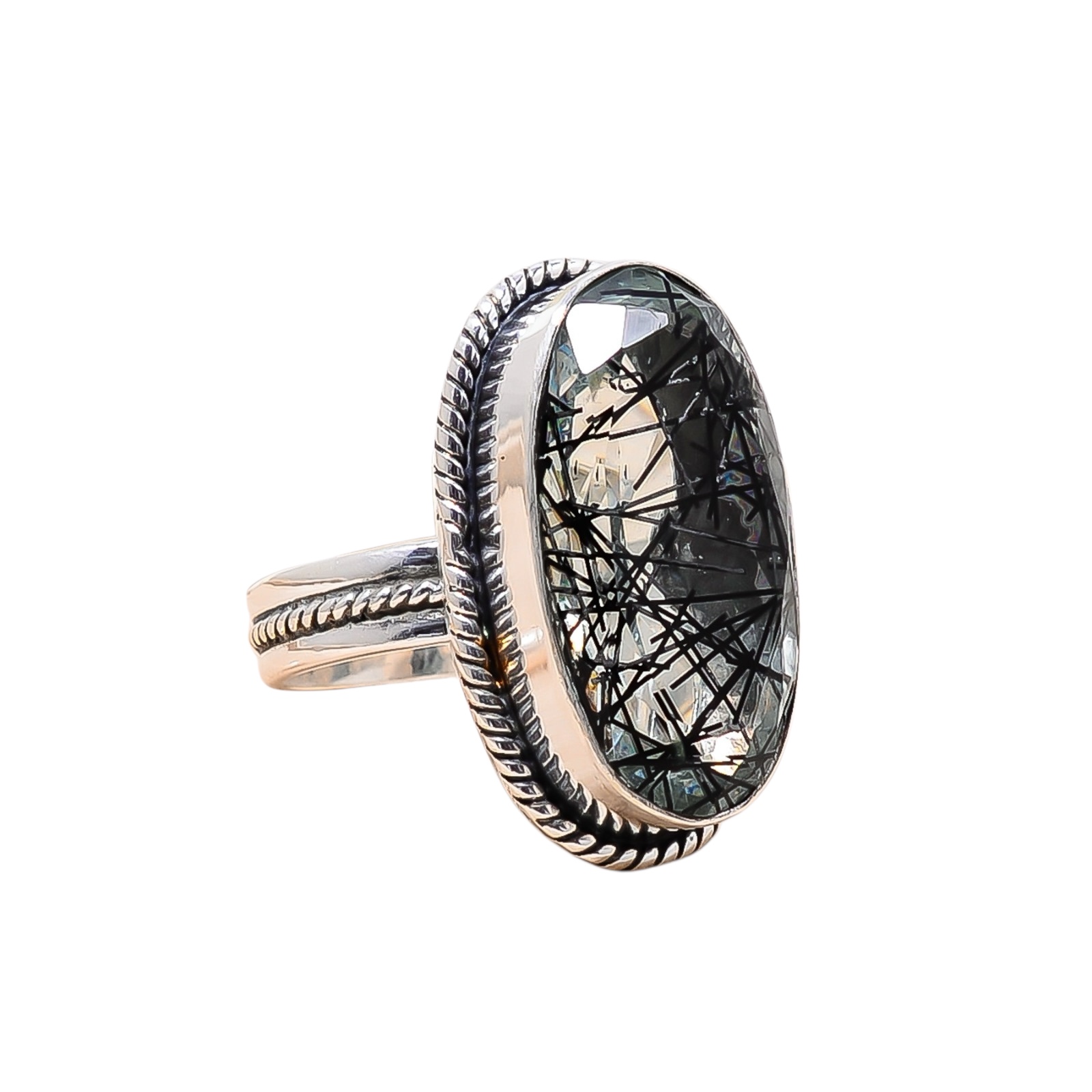 Black Rutilated Quartz - Simulated 925 Sterling Silver Ring