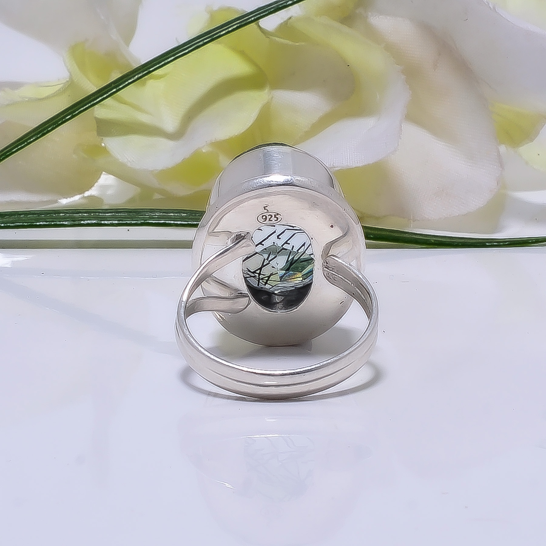 Black Rutilated Quartz - Simulated Gemstone 925 Sterling Silver Ring