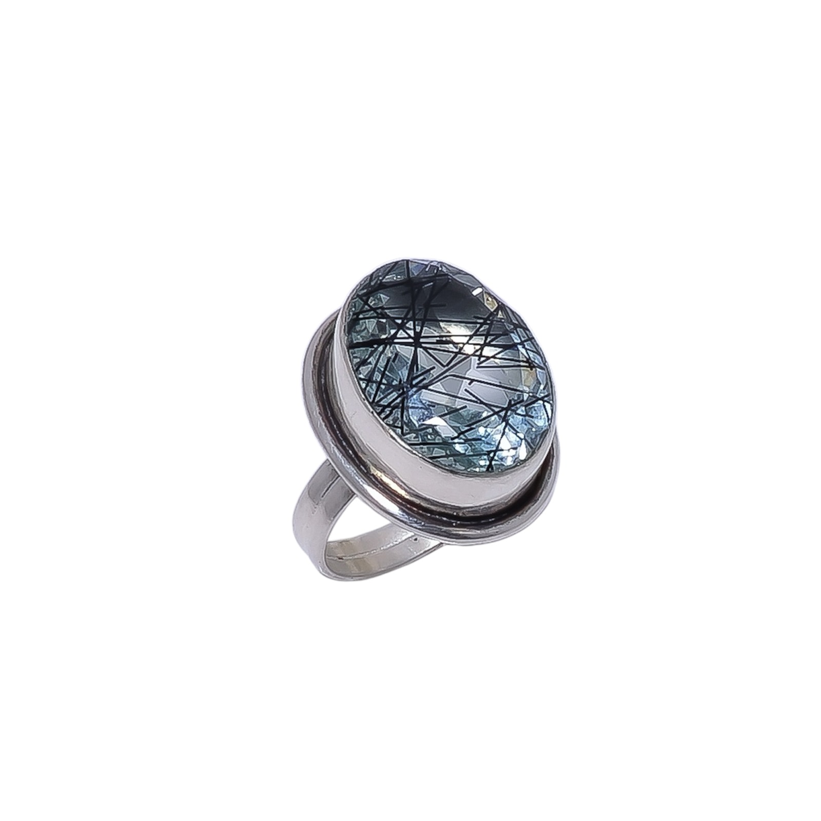 Black Rutilated Quartz - Simulated Gemstone 925 Sterling Silver Ring